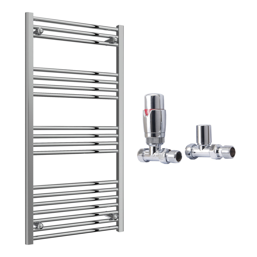 Reina Capo Flat Chrome Bathroom Heated Towel Rail 1200 x 600mm with TRV Straight Valves - Stylish Mild Steel Ladder Radiator