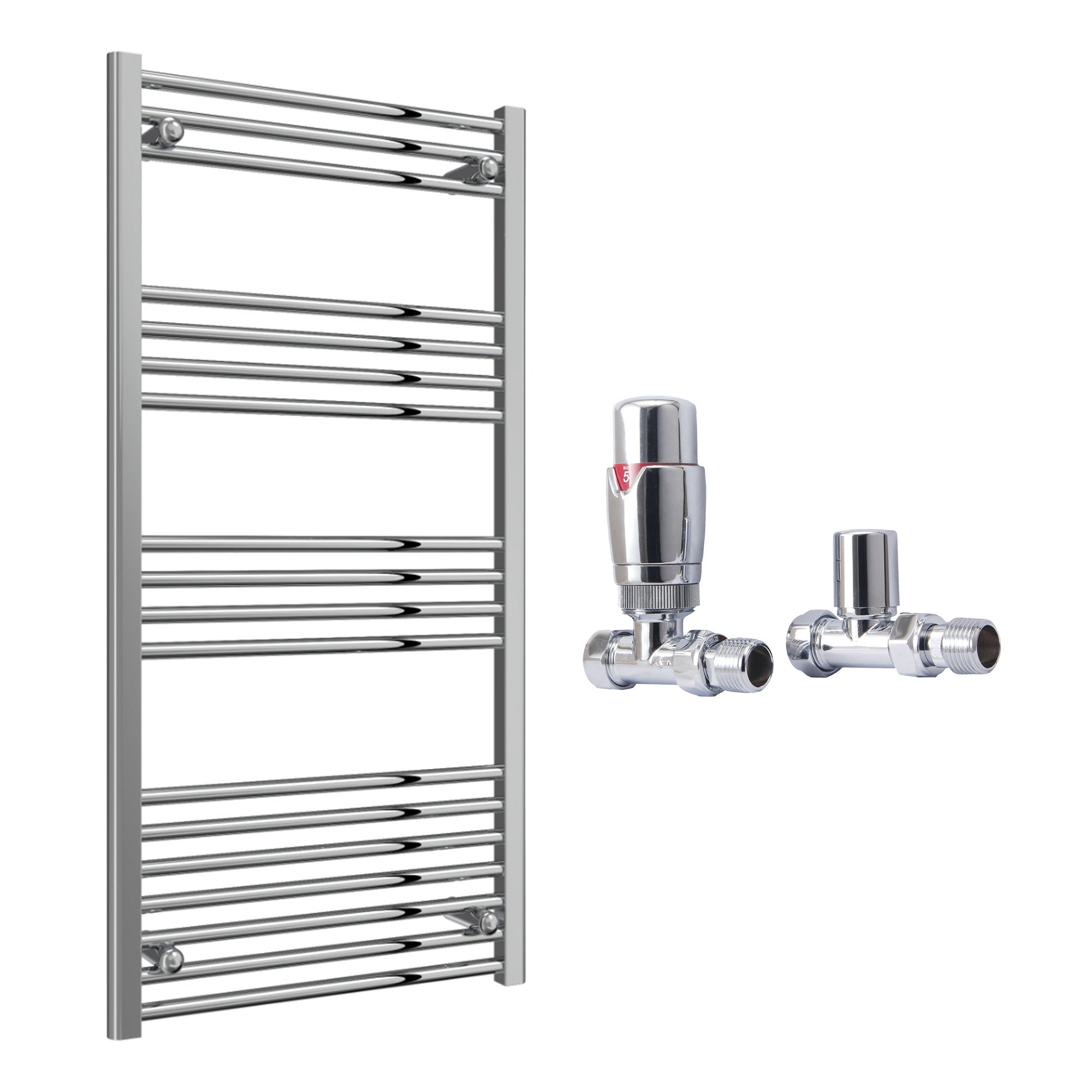 Reina Capo Flat Chrome Bathroom Heated Towel Rail 1200 x 600mm with TRV Straight Valves - Stylish Mild Steel Ladder Radiator
