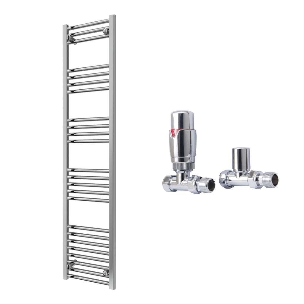 Reina Capo Flat Chrome Bathroom Heated Towel Rail 1600 x 400mm with TRV Straight Valves - Stylish Mild Steel Ladder Radiator