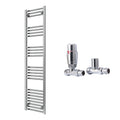 Reina Capo Flat Chrome Bathroom Heated Towel Rail 1600 x 400mm with TRV Straight Valves - Stylish Mild Steel Ladder Radiator