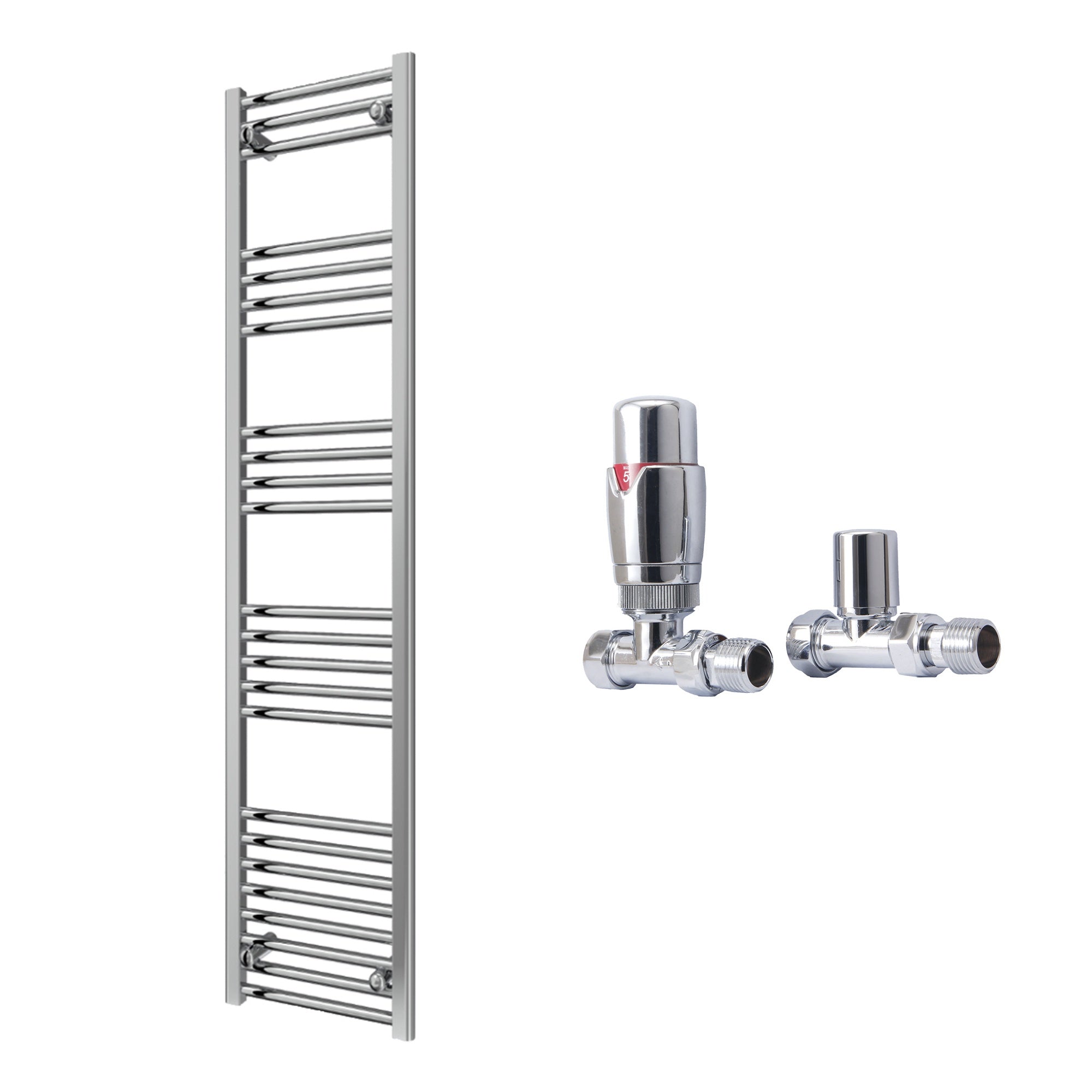 Reina Capo Flat Chrome Bathroom Heated Towel Rail 1600 x 400mm with TRV Straight Valves - Stylish Mild Steel Ladder Radiator