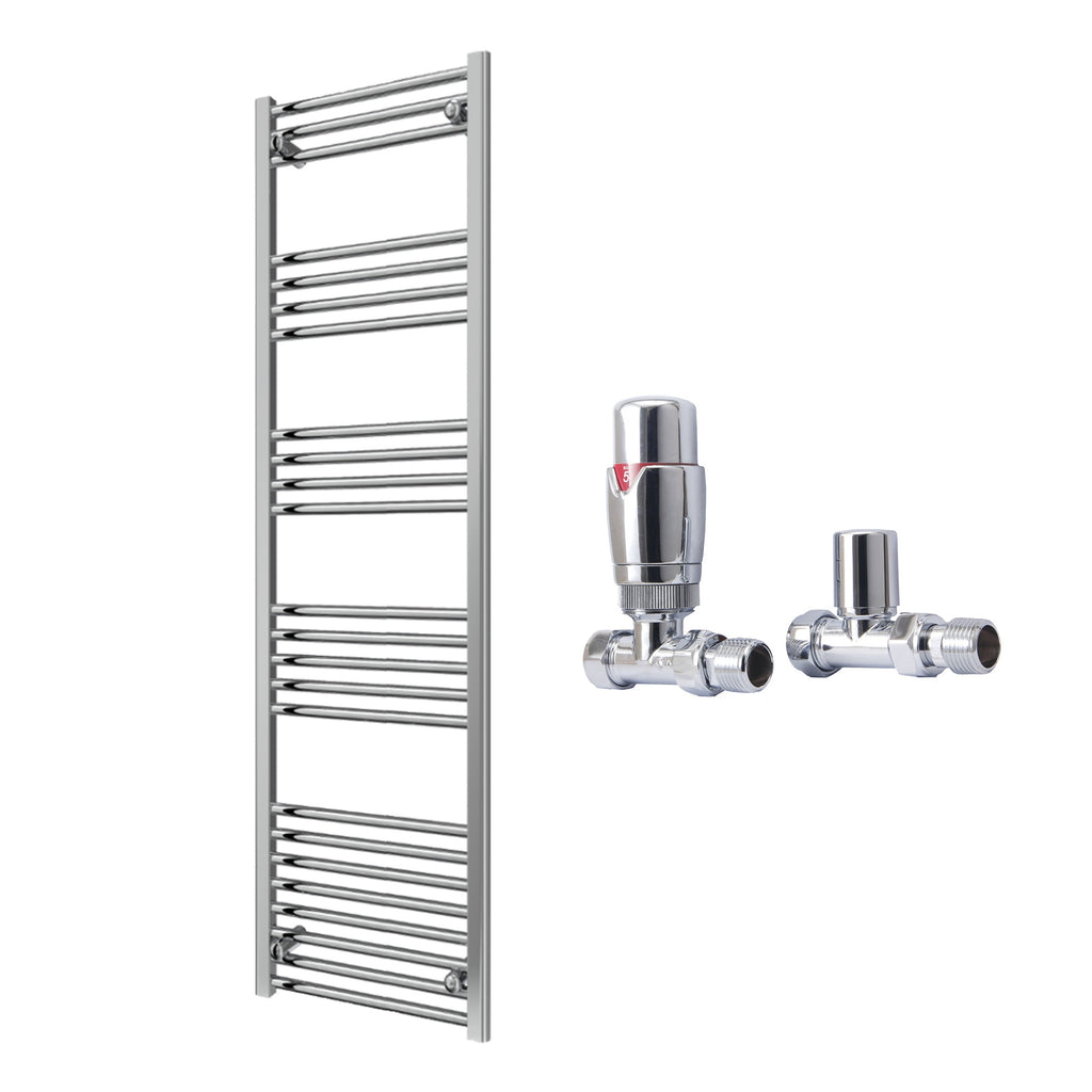 Reina Capo Flat Chrome Bathroom Heated Towel Rail 1600 x 500mm with TRV Straight Valves - Stylish Mild Steel Ladder Radiator