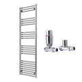 Reina Capo Flat Chrome Bathroom Heated Towel Rail 1600 x 500mm with TRV Straight Valves - Stylish Mild Steel Ladder Radiator