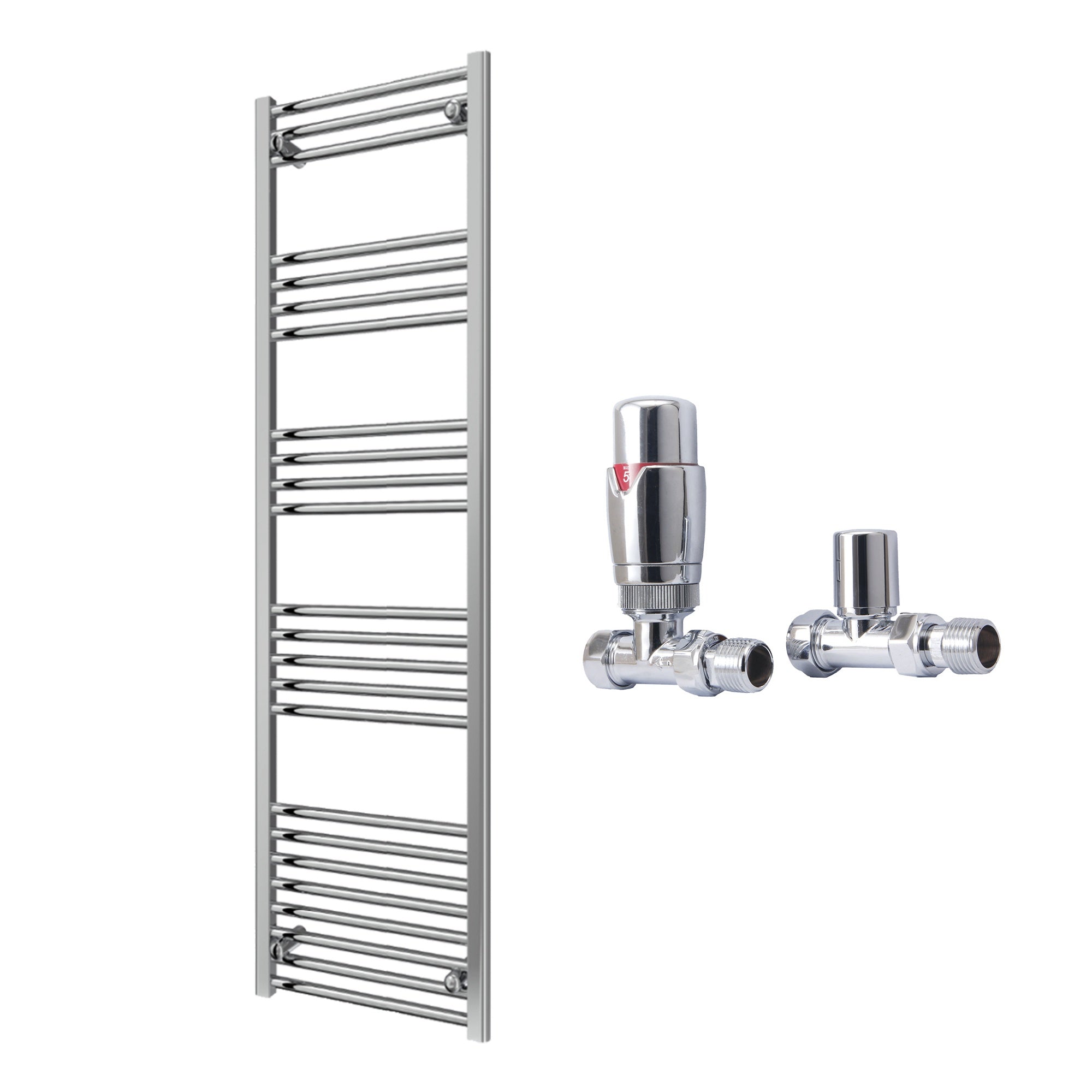 Reina Capo Flat Chrome Bathroom Heated Towel Rail 1600 x 500mm with TRV Straight Valves - Stylish Mild Steel Ladder Radiator
