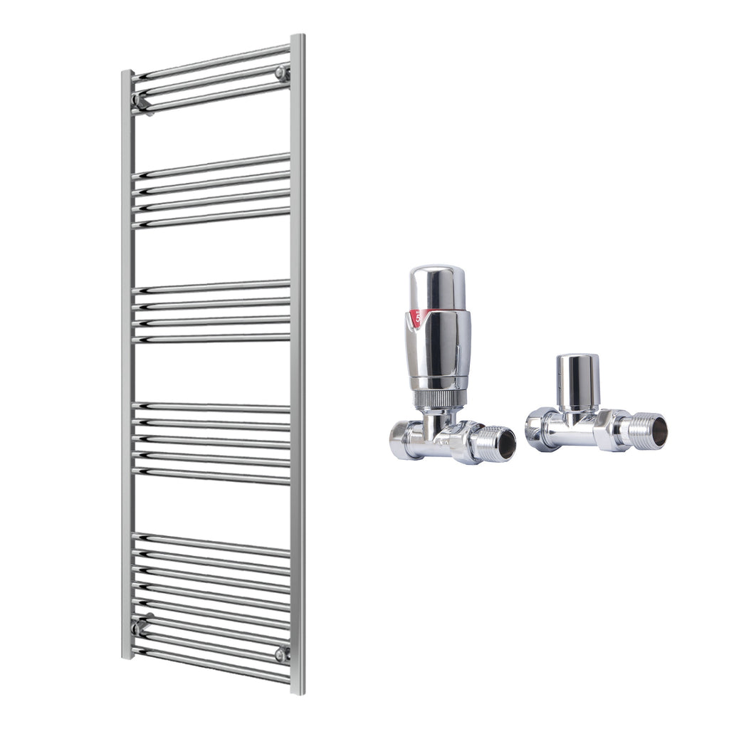 Reina Capo Flat Chrome Bathroom Heated Towel Rail 1600 x 600mm with TRV Straight Valves - Stylish Mild Steel Ladder Radiator