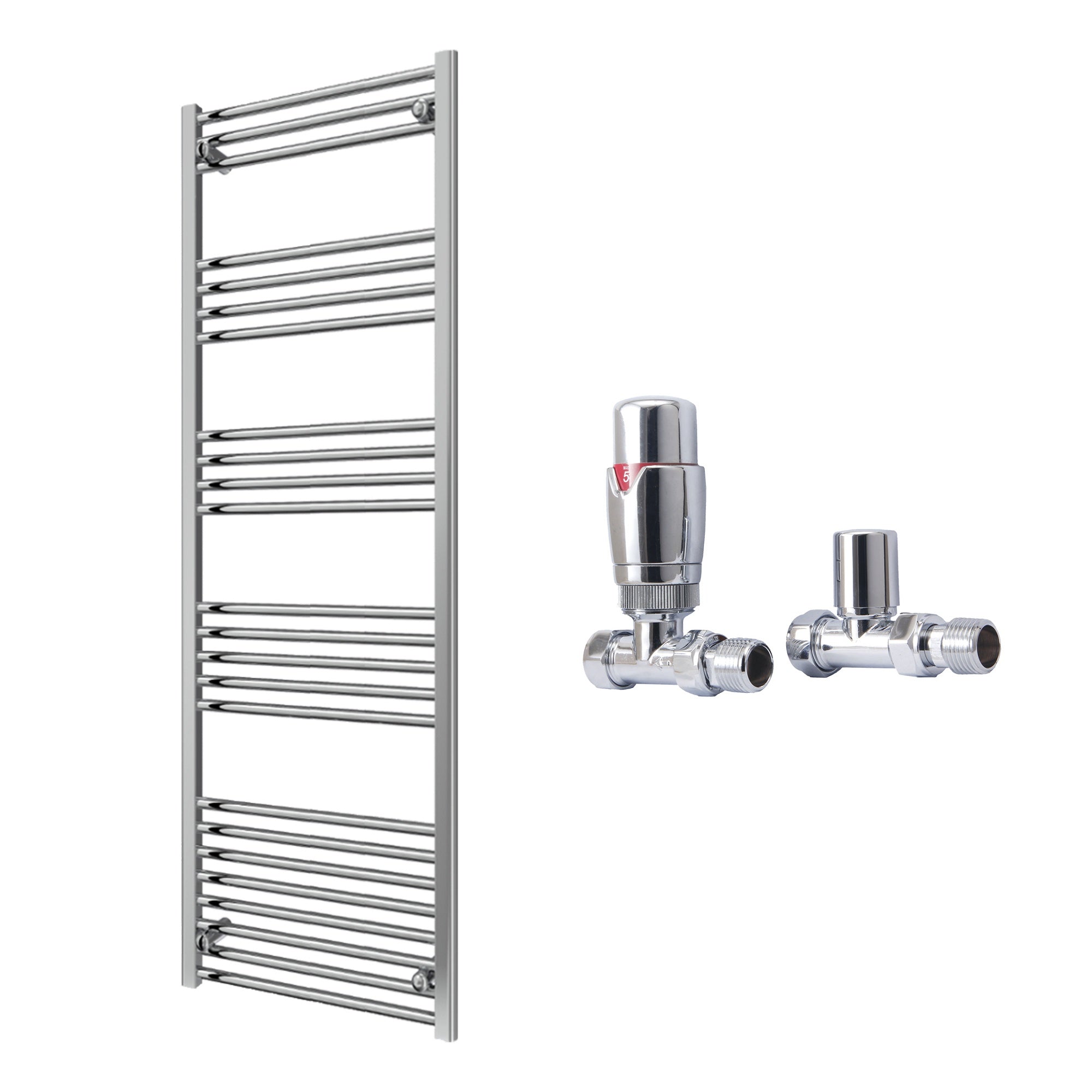 Reina Capo Flat Chrome Bathroom Heated Towel Rail 1600 x 600mm with TRV Straight Valves - Stylish Mild Steel Ladder Radiator