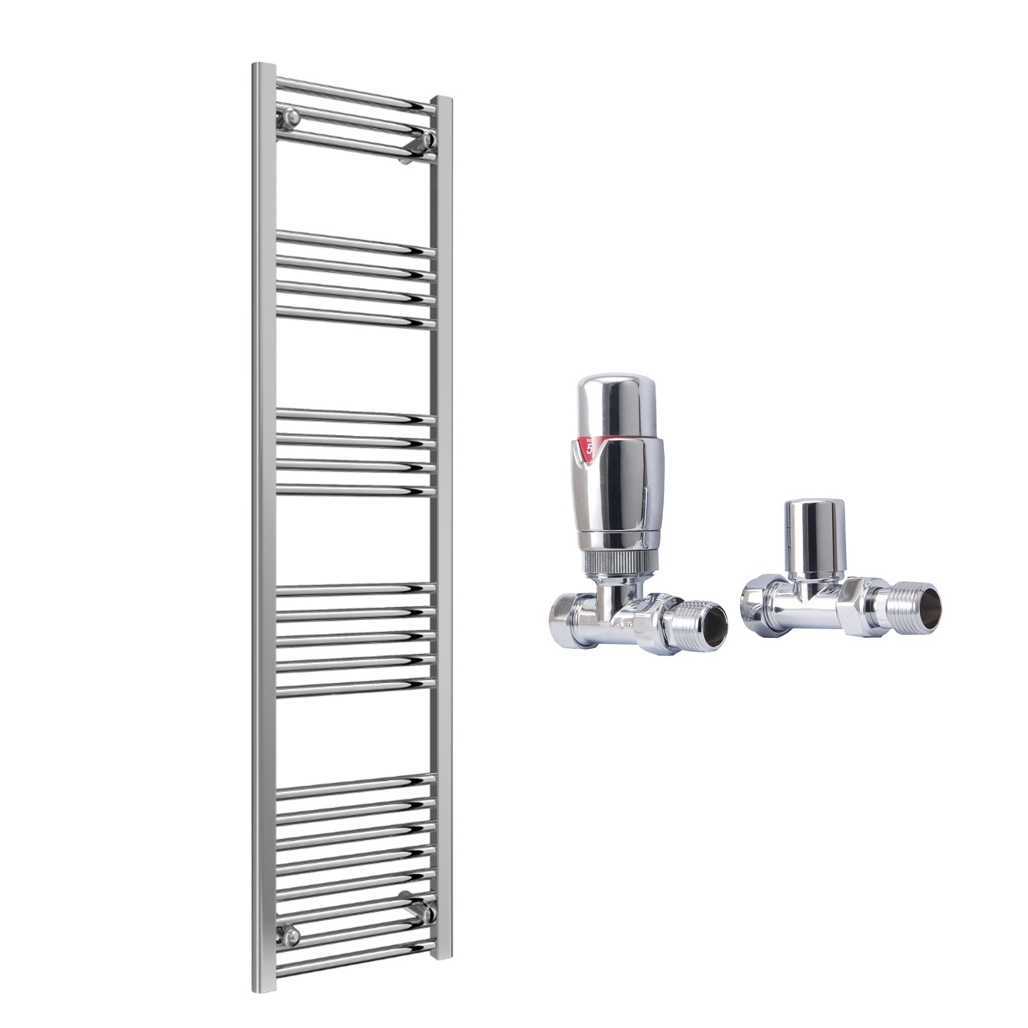Reina Capo Flat Chrome Bathroom Heated Towel Rail 1800 x 400mm with TRV Straight Valves - Stylish Mild Steel Ladder Radiator