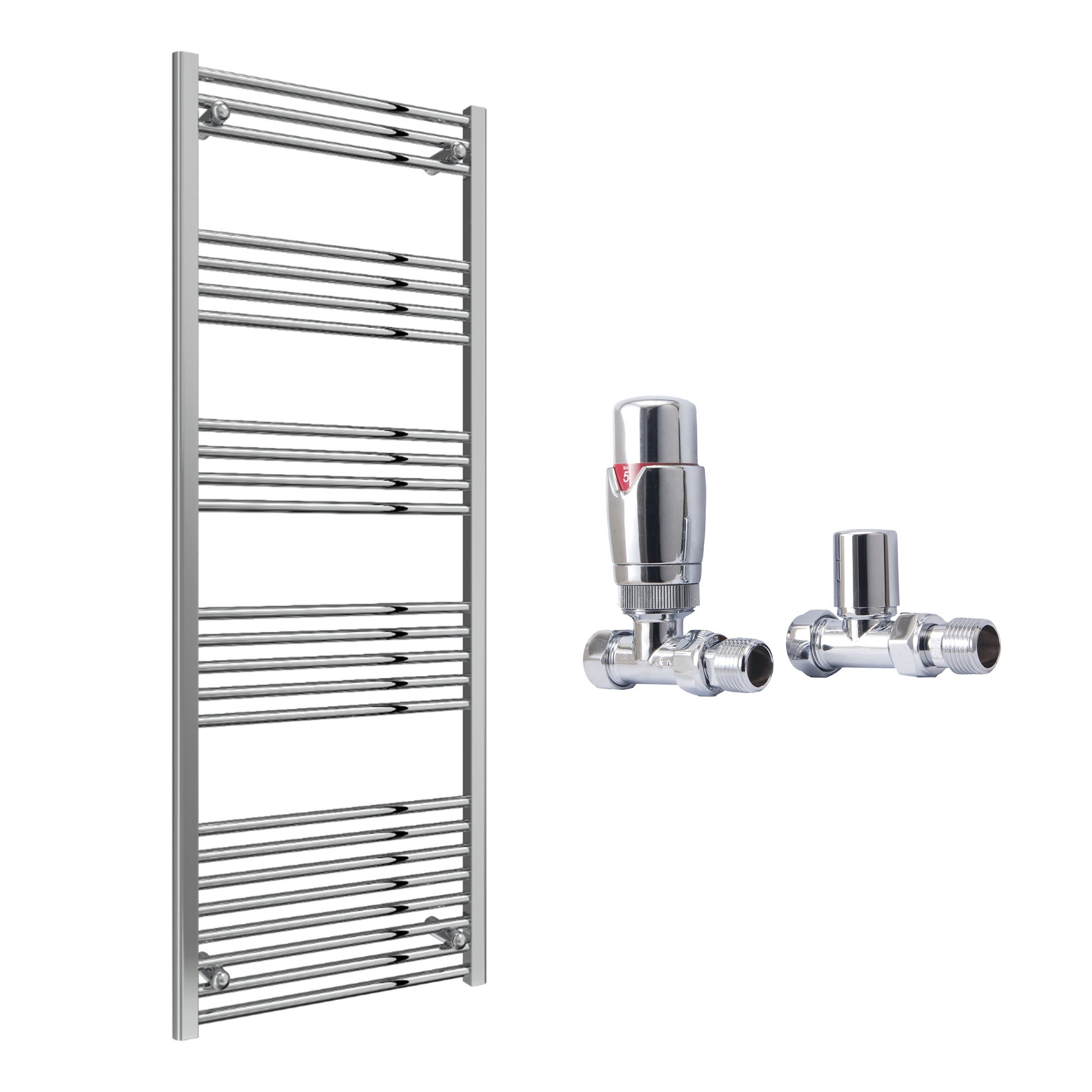 Reina Capo Flat Chrome Bathroom Heated Towel Rail 1800 x 500mm with TRV Straight Valves - Stylish Mild Steel Ladder Radiator