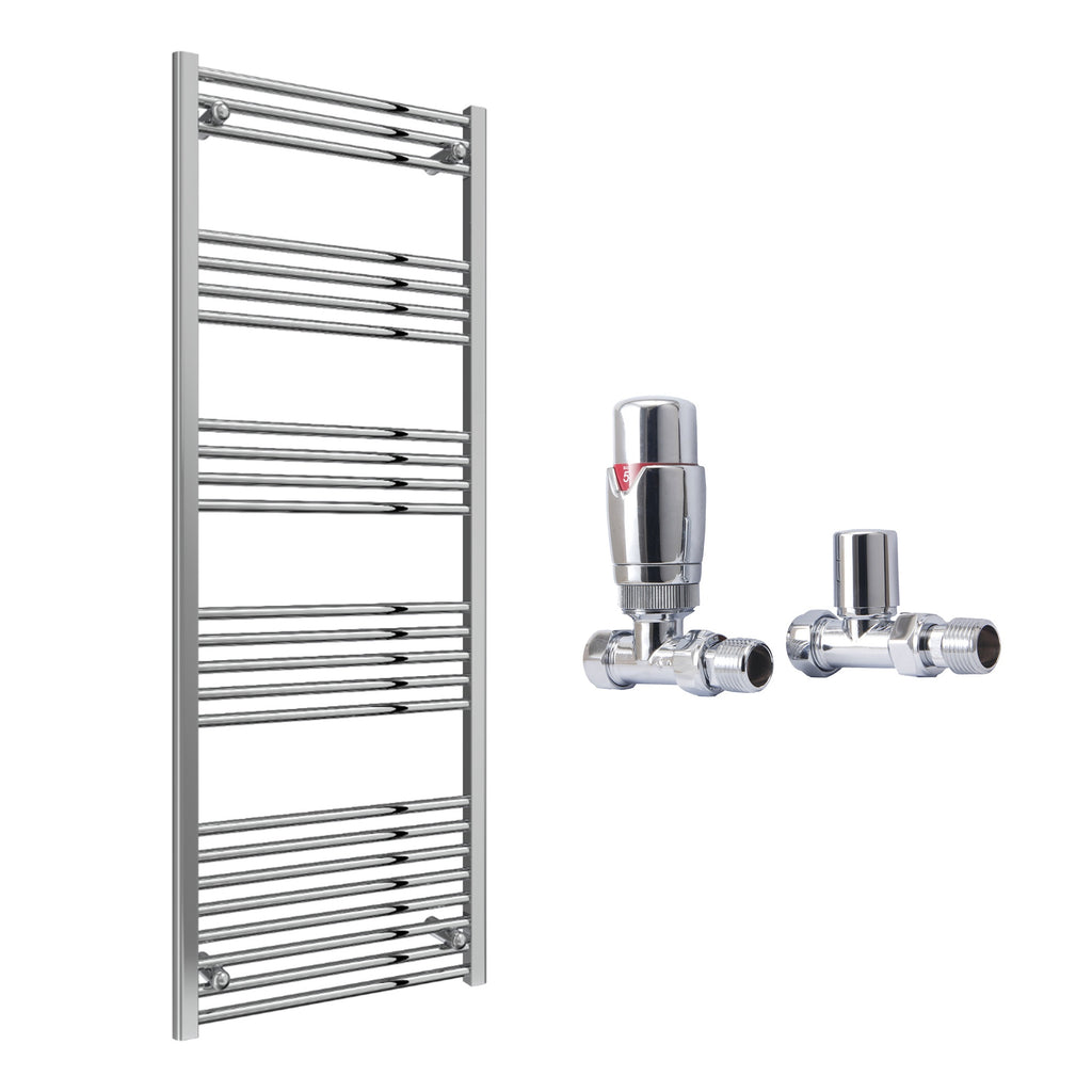 Reina Capo Flat Chrome Bathroom Heated Towel Rail 1800 x 600mm with TRV Straight Valves - Stylish Mild Steel Ladder Radiator
