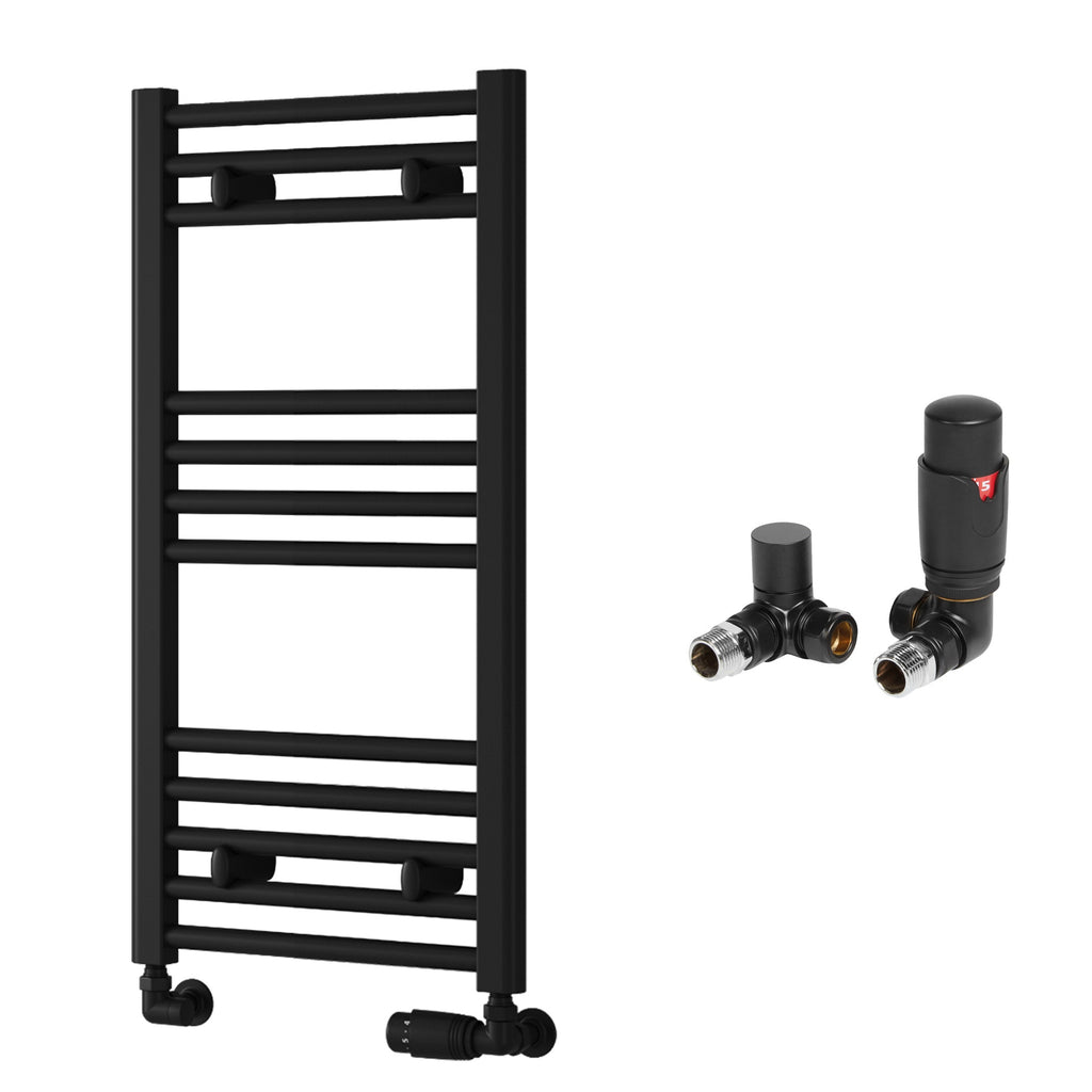Reina Capo Flat Black Bathroom Heated Towel Rail 800 x 400mm with TRV Corner Valves - Stylish Mild Steel Ladder Radiator