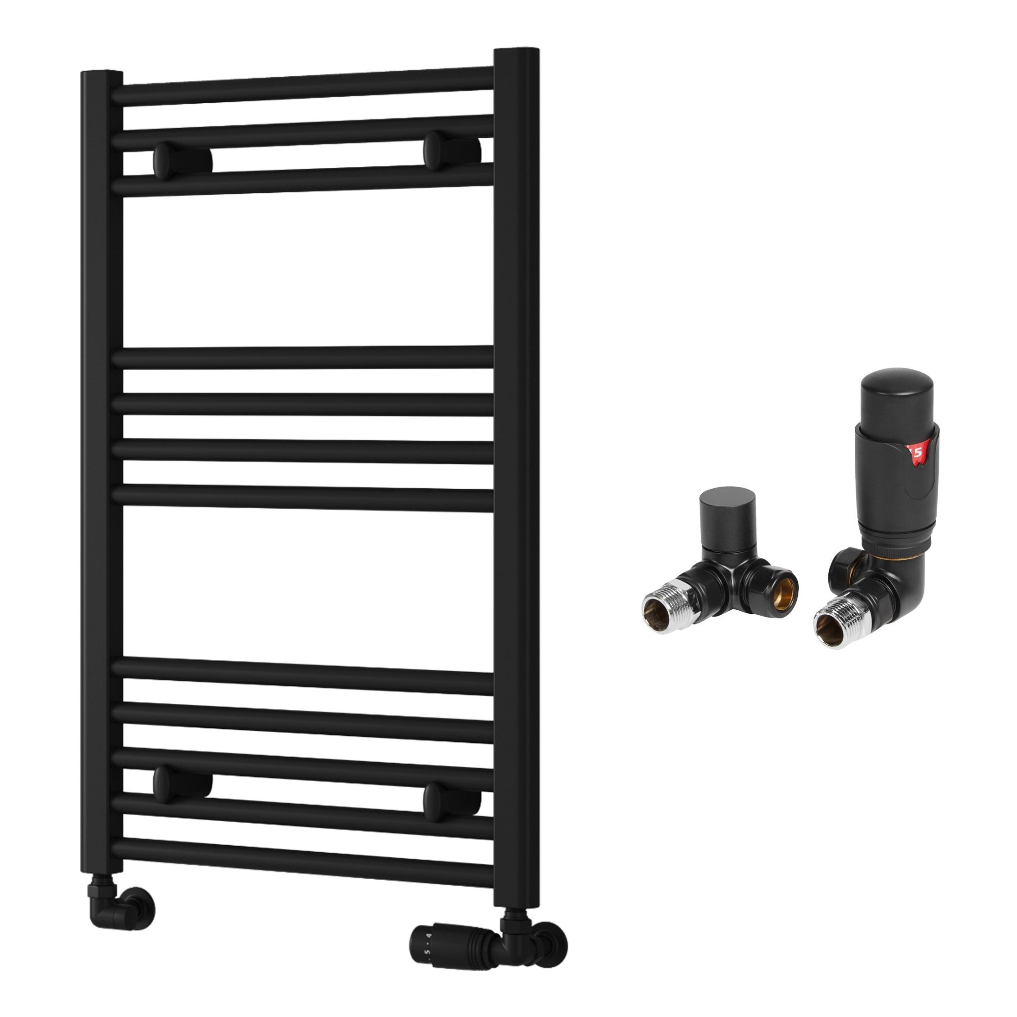 Reina Capo Flat Black Bathroom Heated Towel Rail 800 x 500mm with TRV Corner Valves - Stylish Mild Steel Ladder Radiator