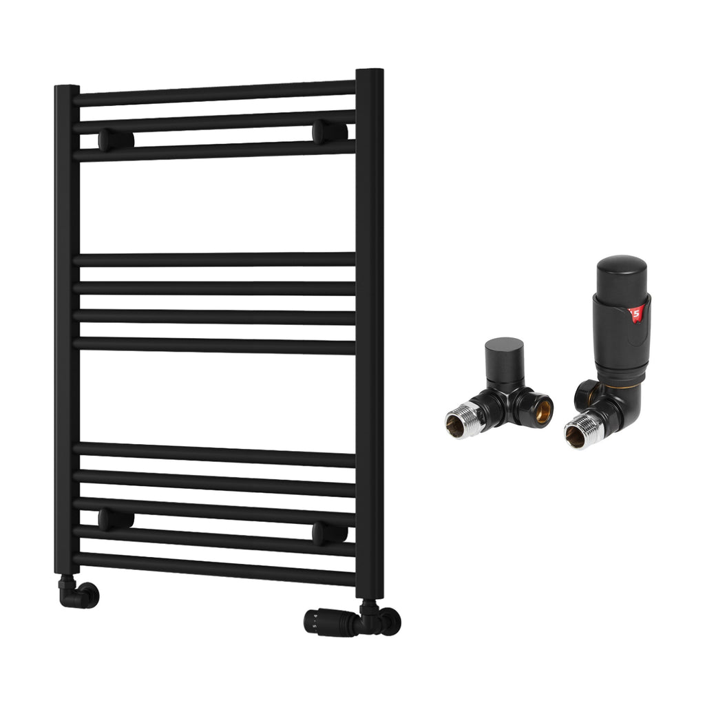 Reina Capo Flat Black Bathroom Heated Towel Rail 800 x 600mm with TRV Corner Valves - Stylish Mild Steel Ladder Radiator