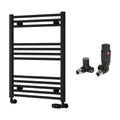 Reina Capo Flat Black Bathroom Heated Towel Rail 800 x 600mm with TRV Corner Valves - Stylish Mild Steel Ladder Radiator