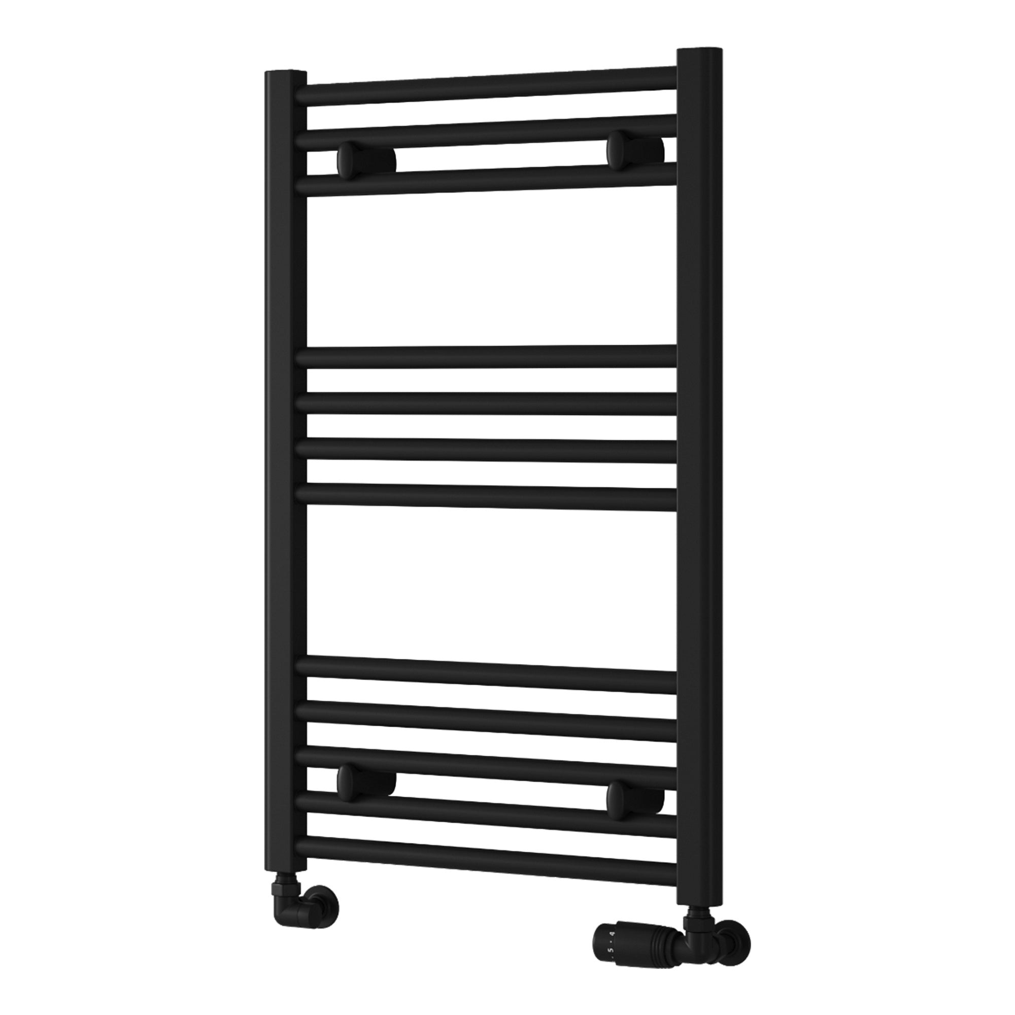 Reina Capo Flat Black Bathroom Heated Towel Rail 800 x 600mm with TRV Corner Valves - Stylish Mild Steel Ladder Radiator