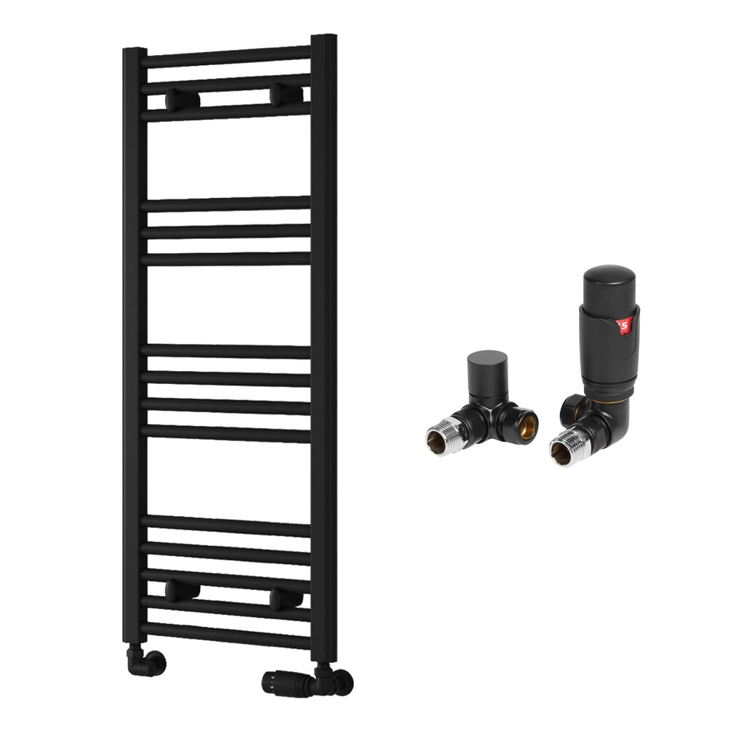 Reina Capo Flat Black Bathroom Heated Towel Rail 1000 x 400mm with TRV Corner Valves - Stylish Mild Steel Ladder Radiator