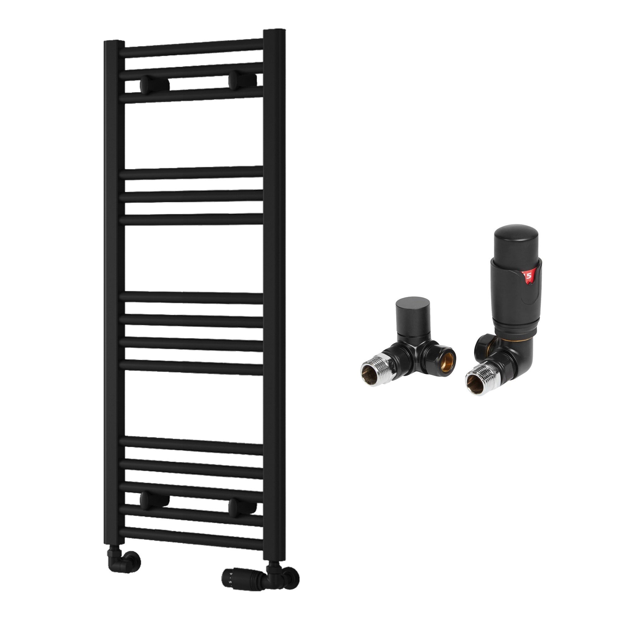 Reina Capo Flat Black Bathroom Heated Towel Rail 1000 x 400mm with TRV Corner Valves - Stylish Mild Steel Ladder Radiator