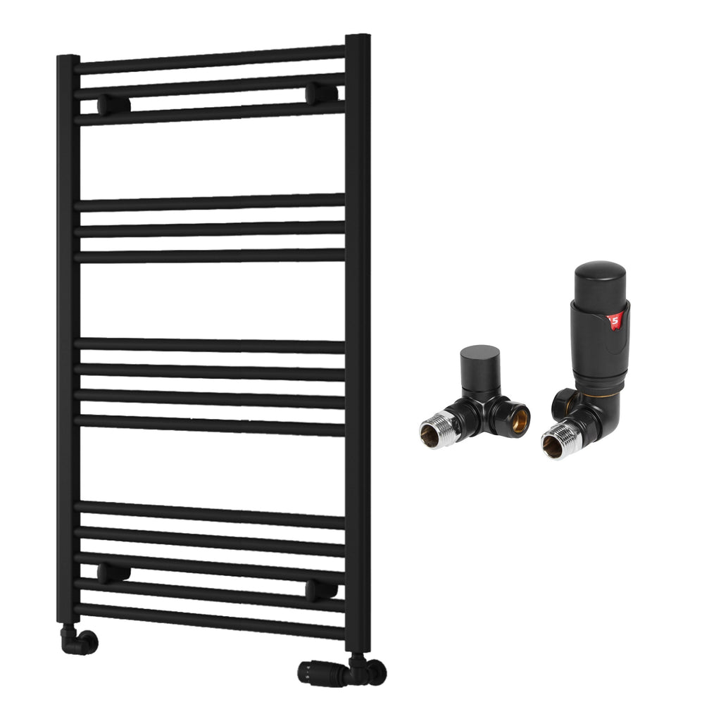 Reina Capo Flat Black Bathroom Heated Towel Rail 1000 x 600mm with TRV Corner Valves - Stylish Mild Steel Ladder Radiator