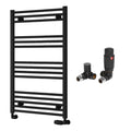 Reina Capo Flat Black Bathroom Heated Towel Rail 1000 x 600mm with TRV Corner Valves - Stylish Mild Steel Ladder Radiator