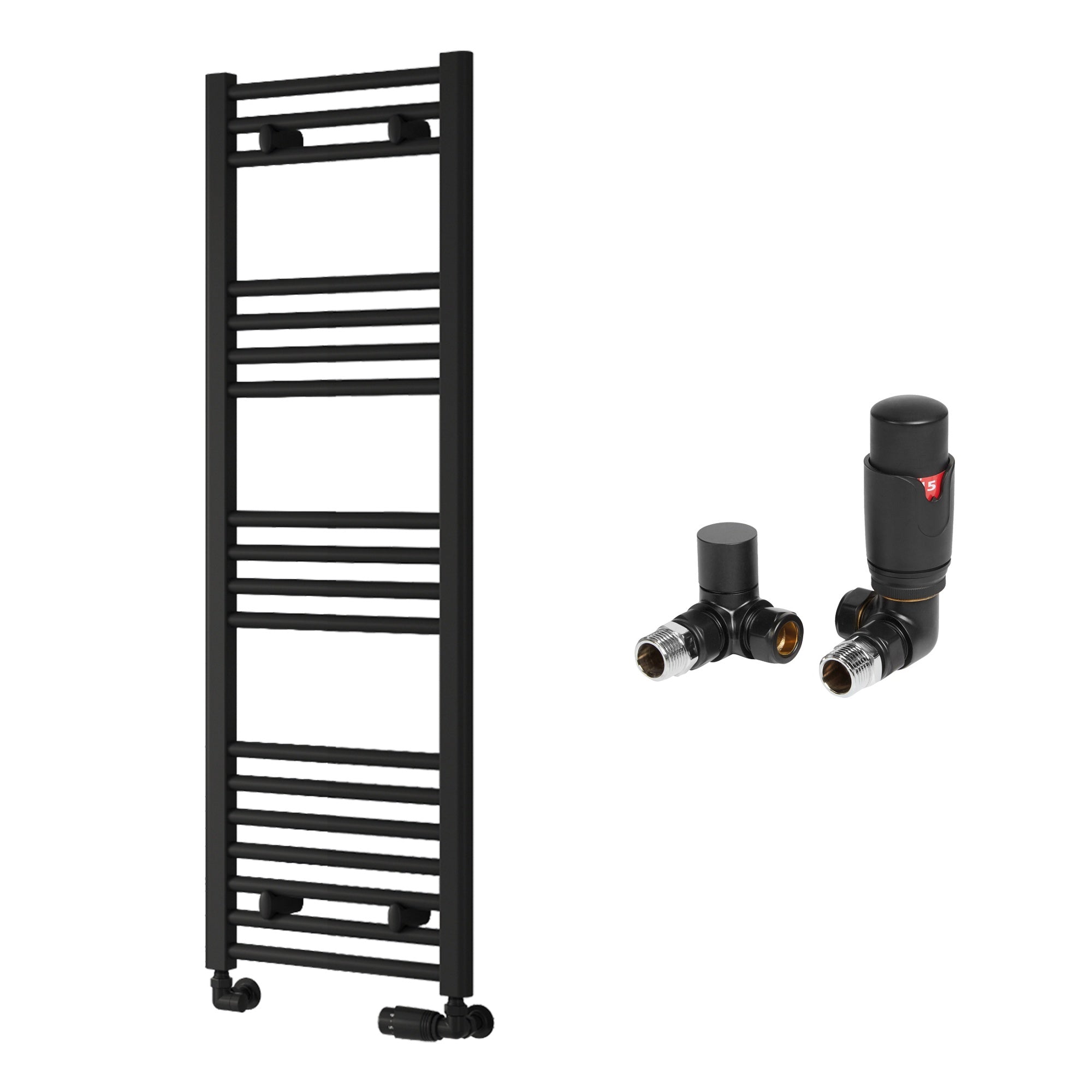 Reina Capo Flat Black Bathroom Heated Towel Rail 1200 x 400mm with TRV Corner Valves - Stylish Mild Steel Ladder Radiator