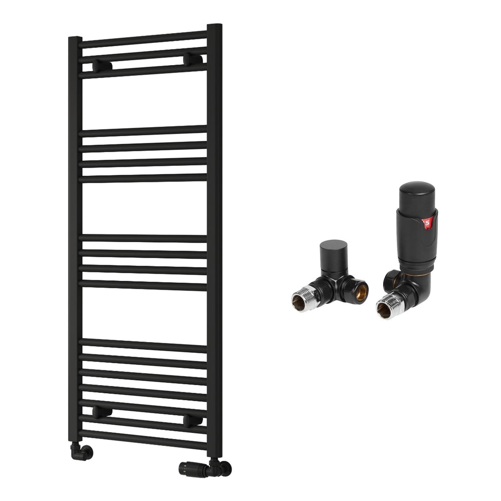 Reina Capo Flat Black Bathroom Heated Towel Rail 1200 x 500mm with TRV Corner Valves - Stylish Mild Steel Ladder Radiator