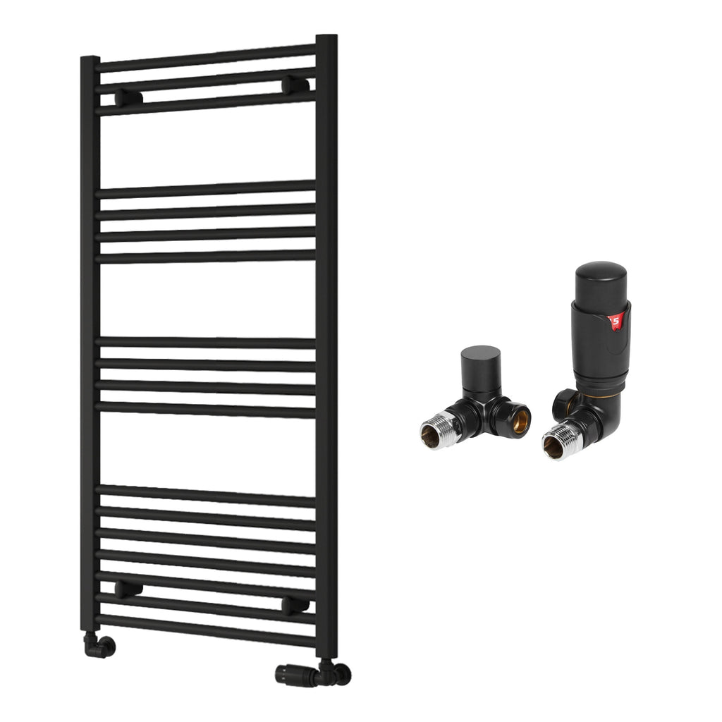 Reina Capo Flat Black Bathroom Heated Towel Rail 1200 x 600mm with TRV Corner Valves - Stylish Mild Steel Ladder Radiator
