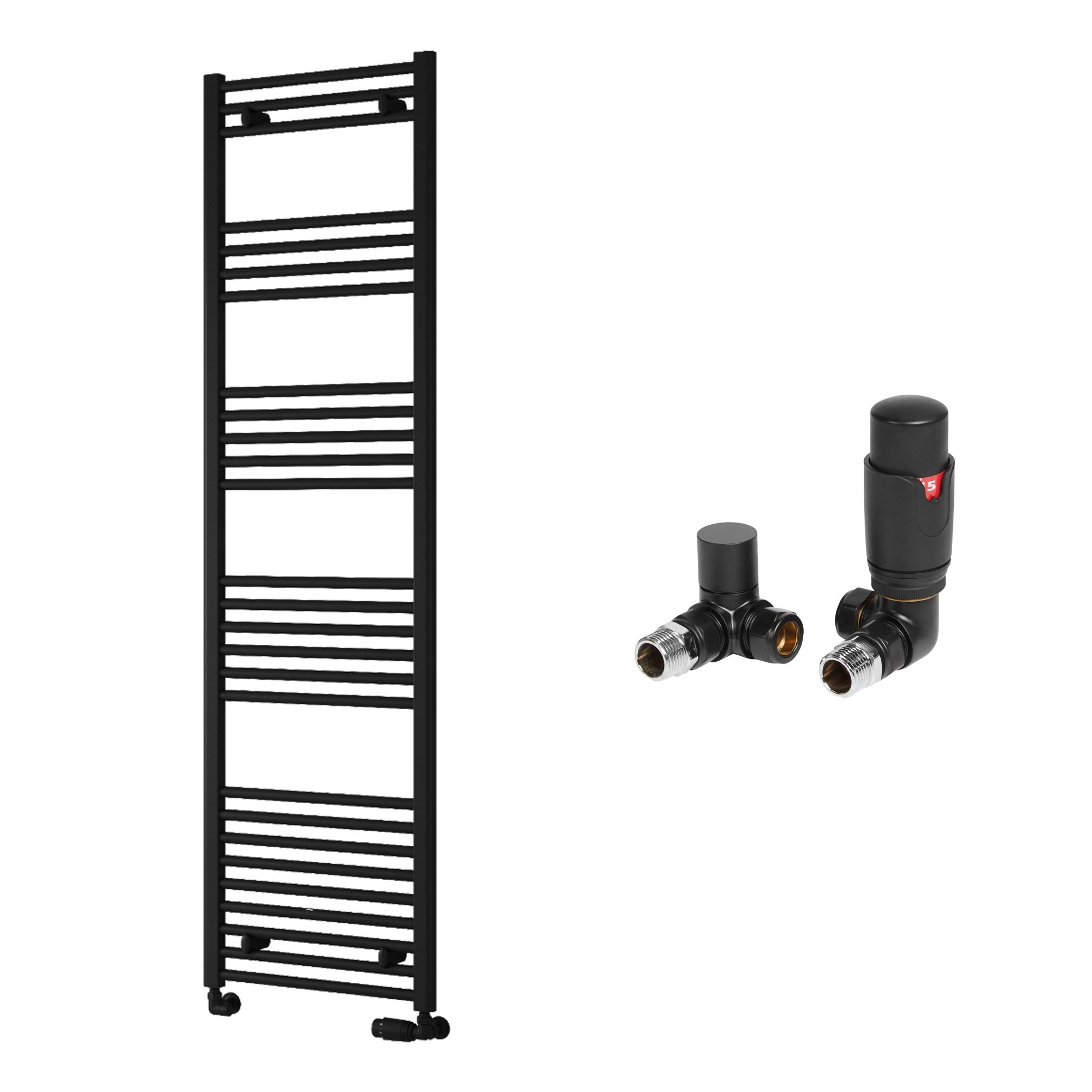 Reina Capo Flat Black Bathroom Heated Towel Rail 1600 x 500mm with TRV Corner Valves - Stylish Mild Steel Ladder Radiator