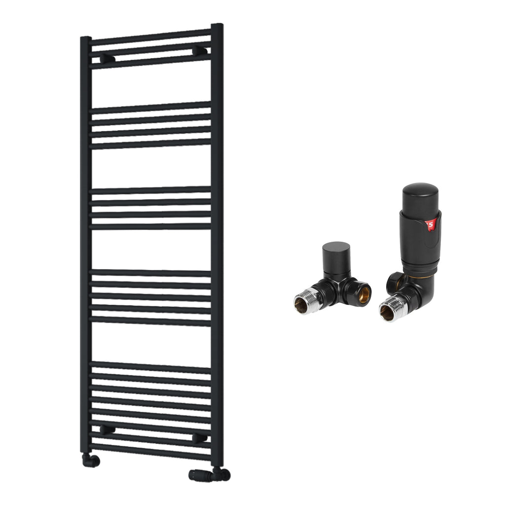 Reina Capo Flat Black Bathroom Heated Towel Rail 1600 x 600mm with TRV Corner Valves - Stylish Mild Steel Ladder Radiator