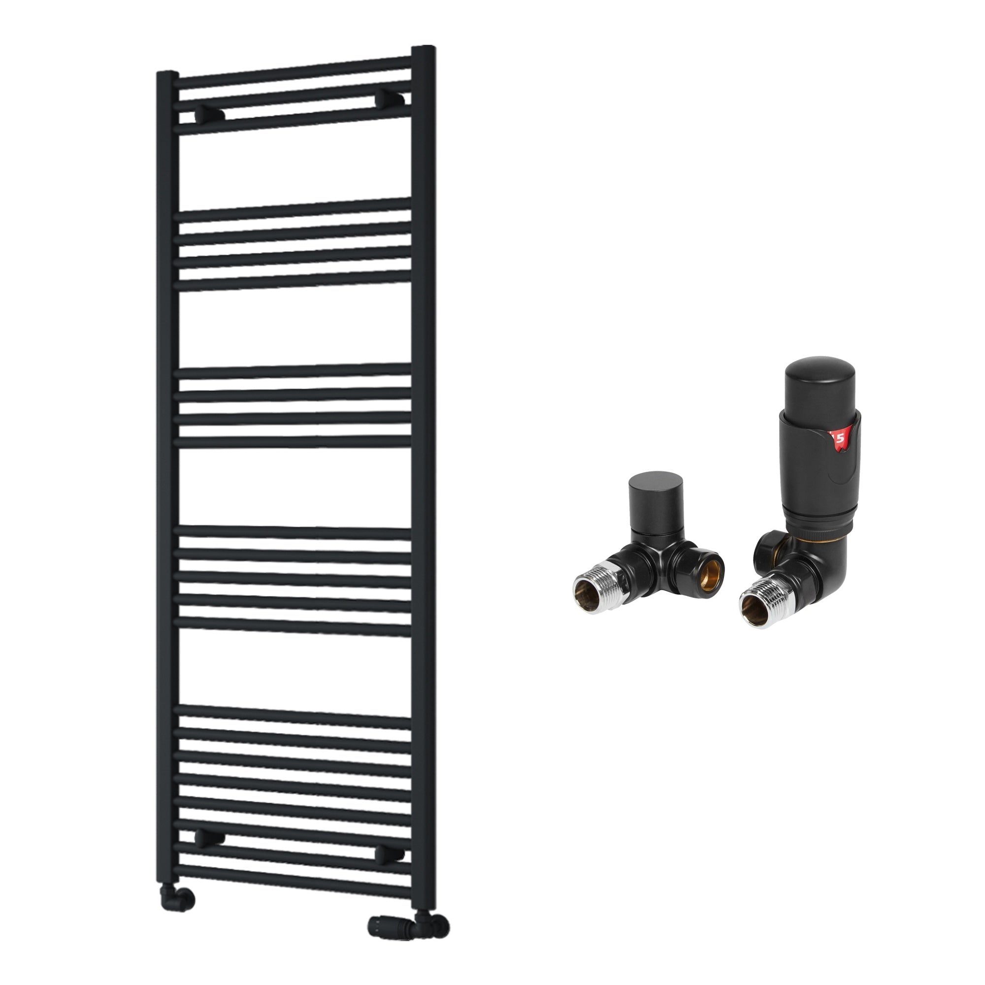 Reina Capo Flat Black Bathroom Heated Towel Rail 1600 x 600mm with TRV Corner Valves - Stylish Mild Steel Ladder Radiator