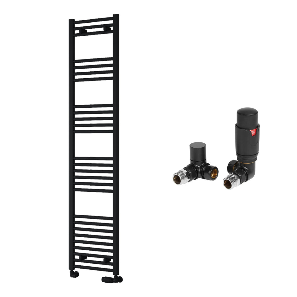Reina Capo Flat Black Bathroom Heated Towel Rail 1800 x 400mm with TRV Corner Valves - Stylish Mild Steel Ladder Radiator