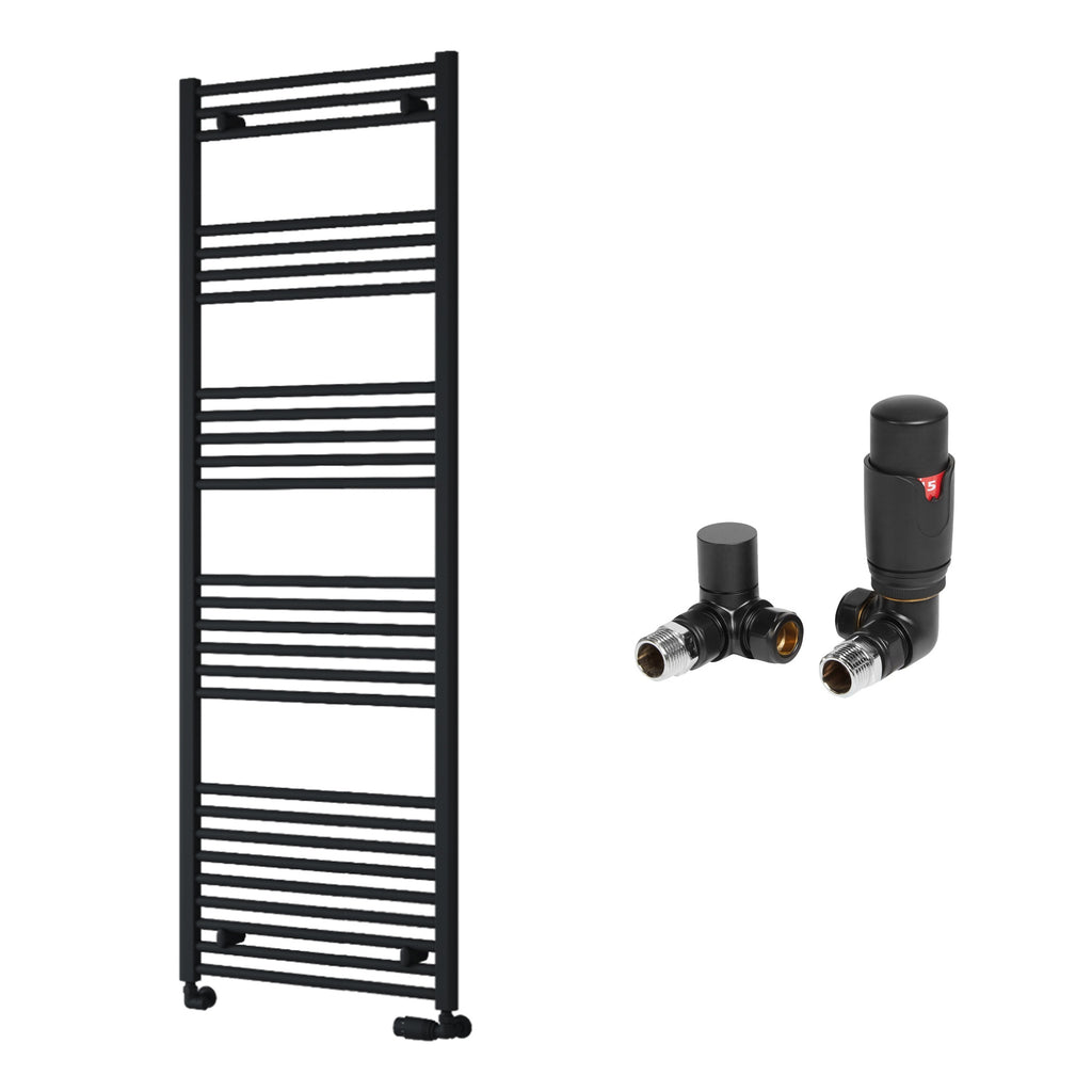 Reina Capo Flat Black Bathroom Heated Towel Rail 1800 x 500mm with TRV Corner Valves - Stylish Mild Steel Ladder Radiator