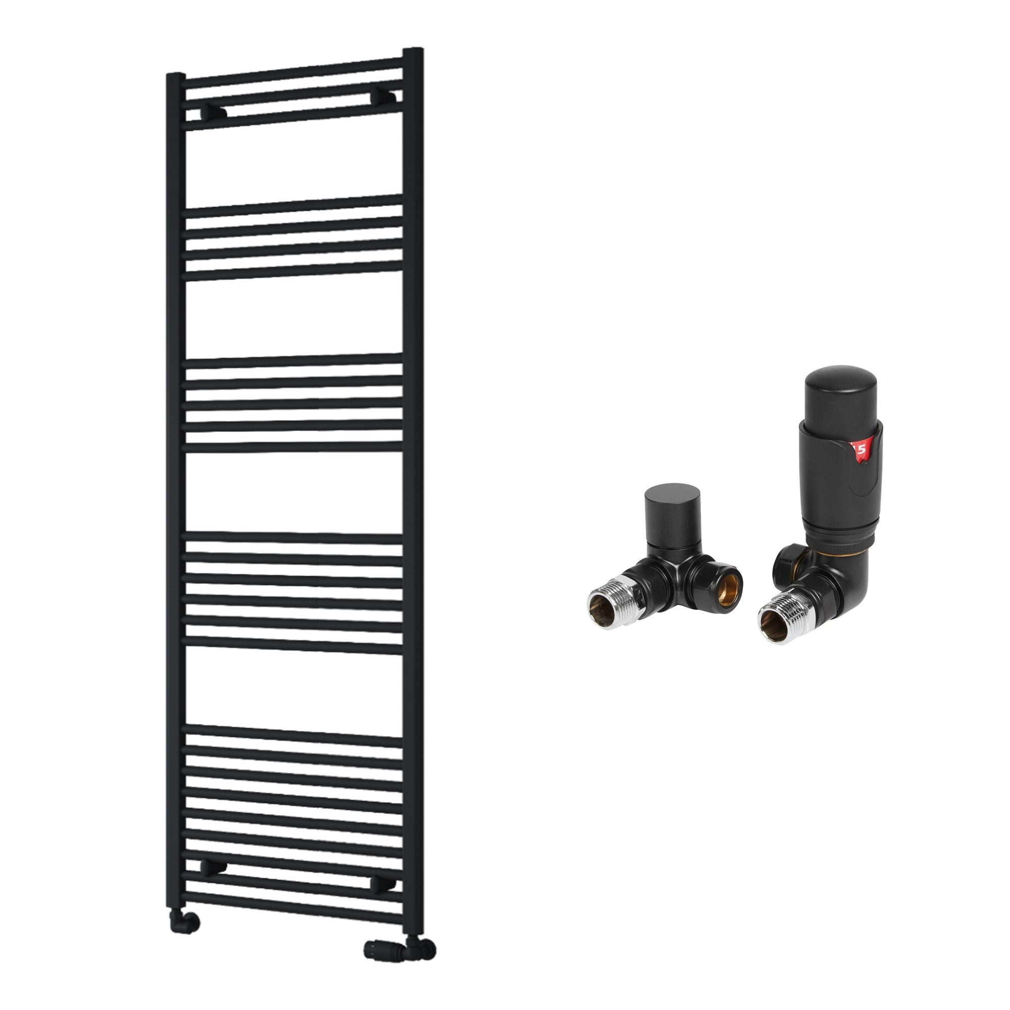 Reina Capo Flat Black Bathroom Heated Towel Rail 1800 x 600mm with TRV Corner Valves - Stylish Mild Steel Ladder Radiator