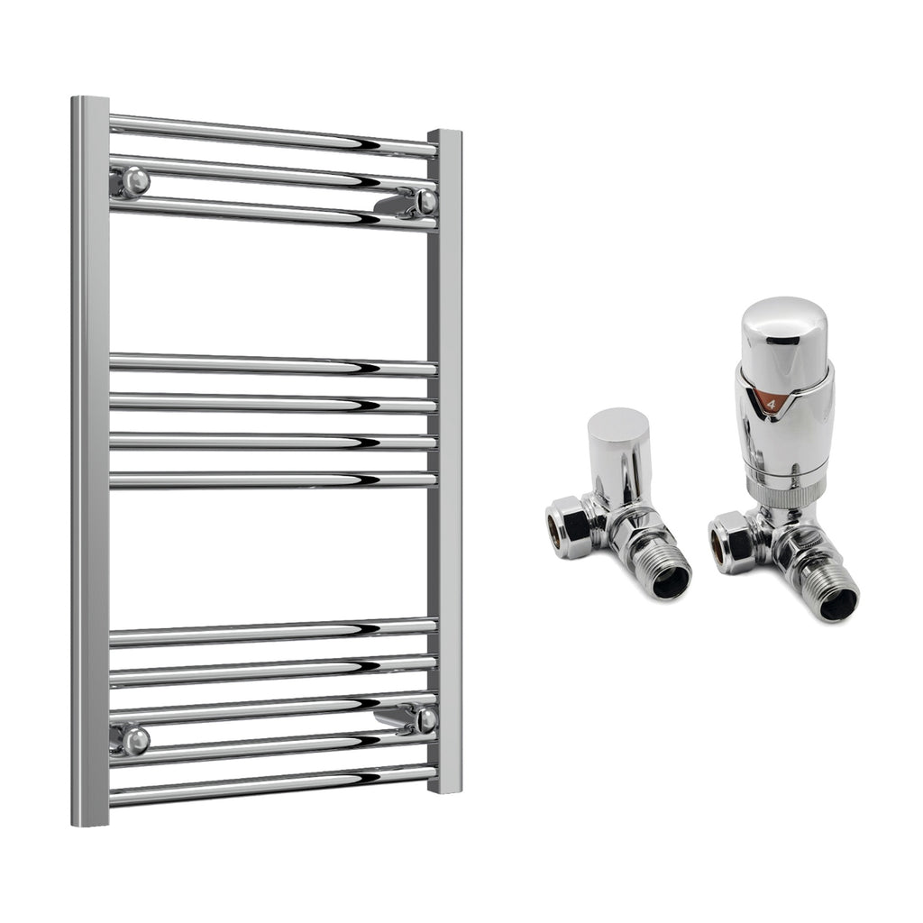 Reina Capo Flat Chrome Bathroom Heated Towel Rail 800 x 400mm with TRV Corner Valves - Stylish Mild Steel Ladder Radiator