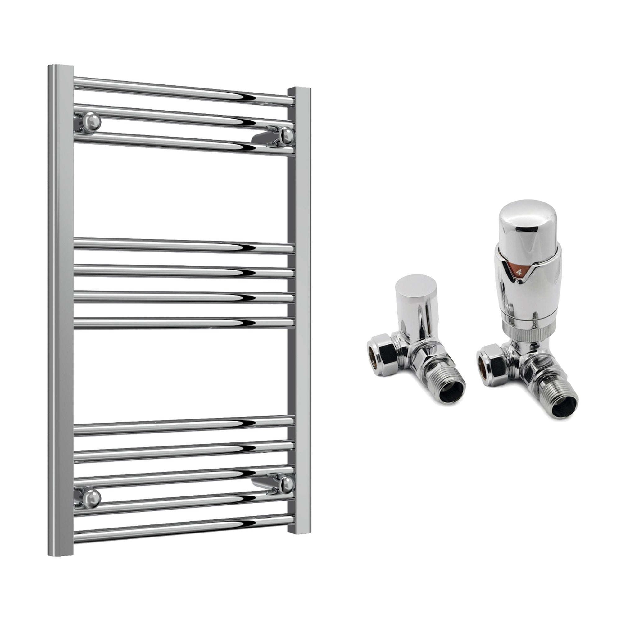 Reina Capo Flat Chrome Bathroom Heated Towel Rail 800 x 500mm with TRV Corner Valves - Stylish Mild Steel Ladder Radiator