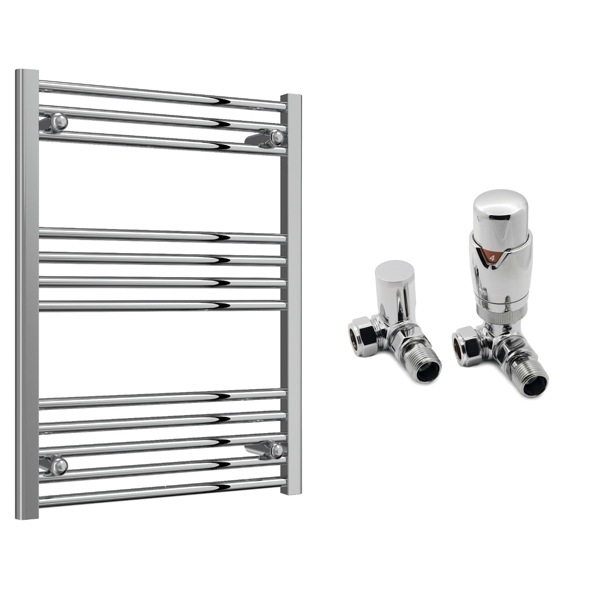 Reina Capo Flat Chrome Bathroom Heated Towel Rail 800 x 600mm with TRV Corner Valves - Stylish Mild Steel Ladder Radiator