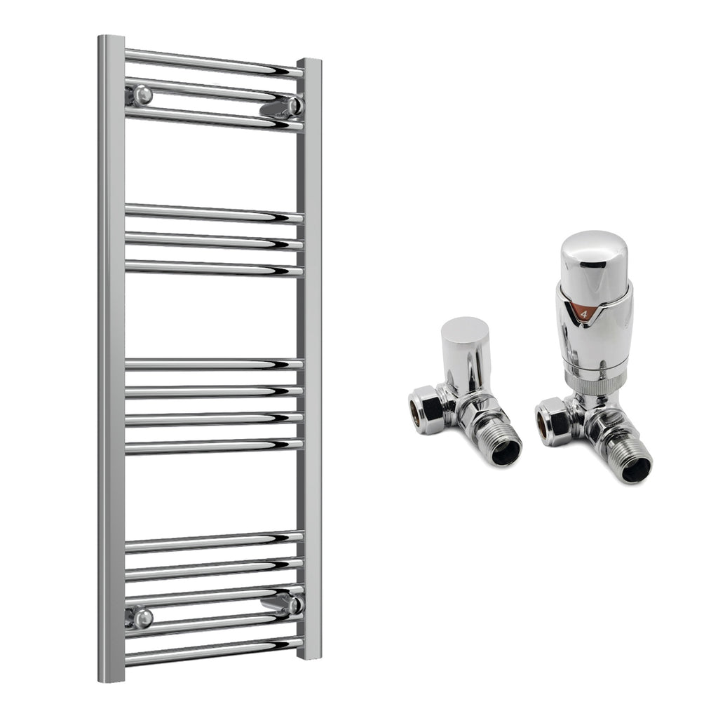 Reina Capo Flat Chrome Bathroom Heated Towel Rail 1000 x 400mm with TRV Corner Valves - Stylish Mild Steel Ladder Radiator