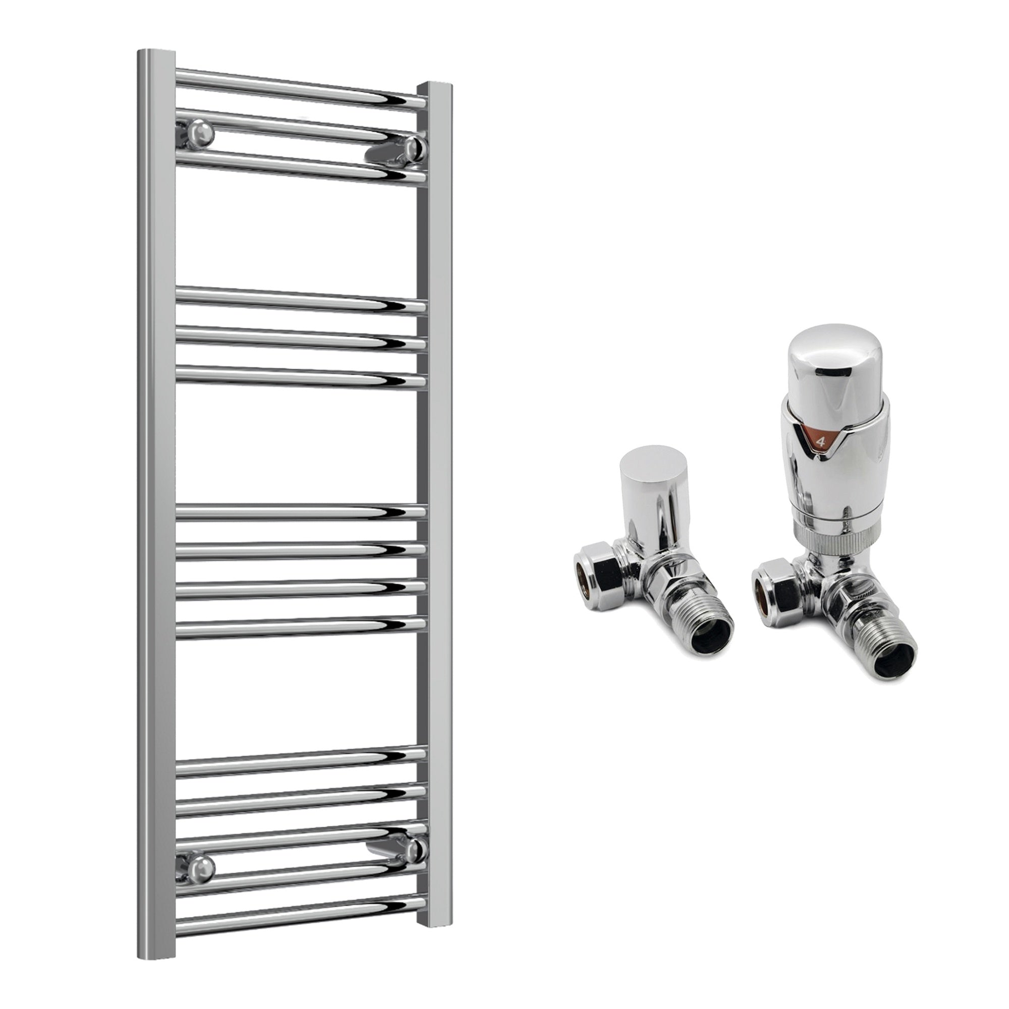 Reina Capo Flat Chrome Bathroom Heated Towel Rail 1000 x 400mm with TRV Corner Valves - Stylish Mild Steel Ladder Radiator