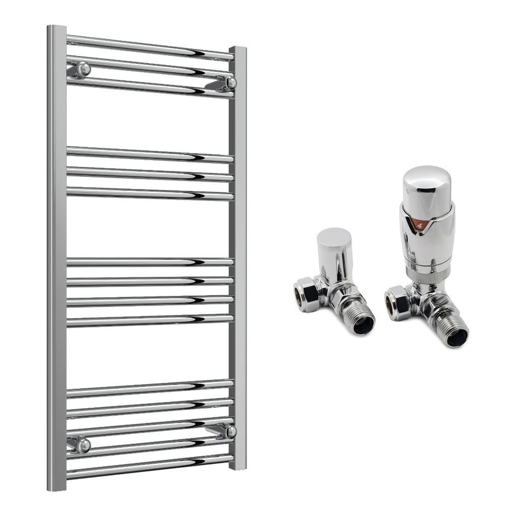 Reina Capo Flat Chrome Bathroom Heated Towel Rail 1000 x 500mm with TRV Corner Valves - Stylish Mild Steel Ladder Radiator