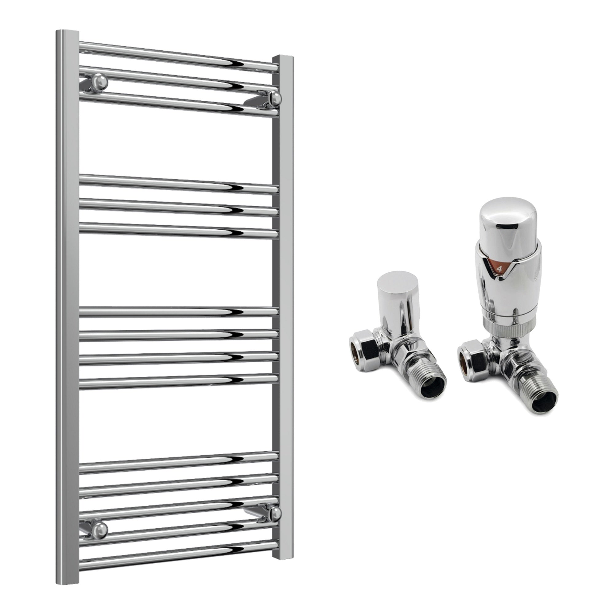 Reina Capo Flat Chrome Bathroom Heated Towel Rail 1000 x 500mm with TRV Corner Valves - Stylish Mild Steel Ladder Radiator