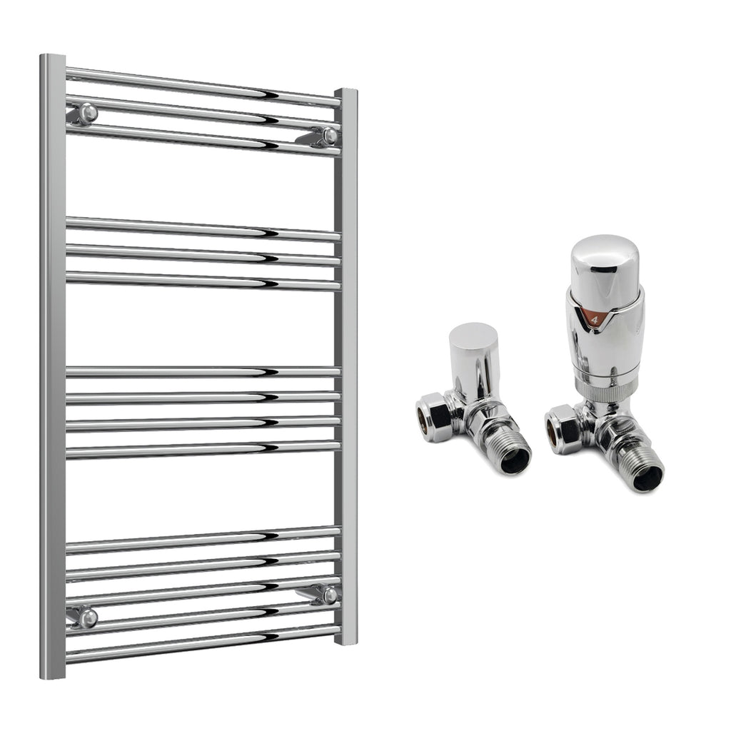 Reina Capo Flat Chrome Bathroom Heated Towel Rail 1000 x 600mm with TRV Corner Valves - Stylish Mild Steel Ladder Radiator