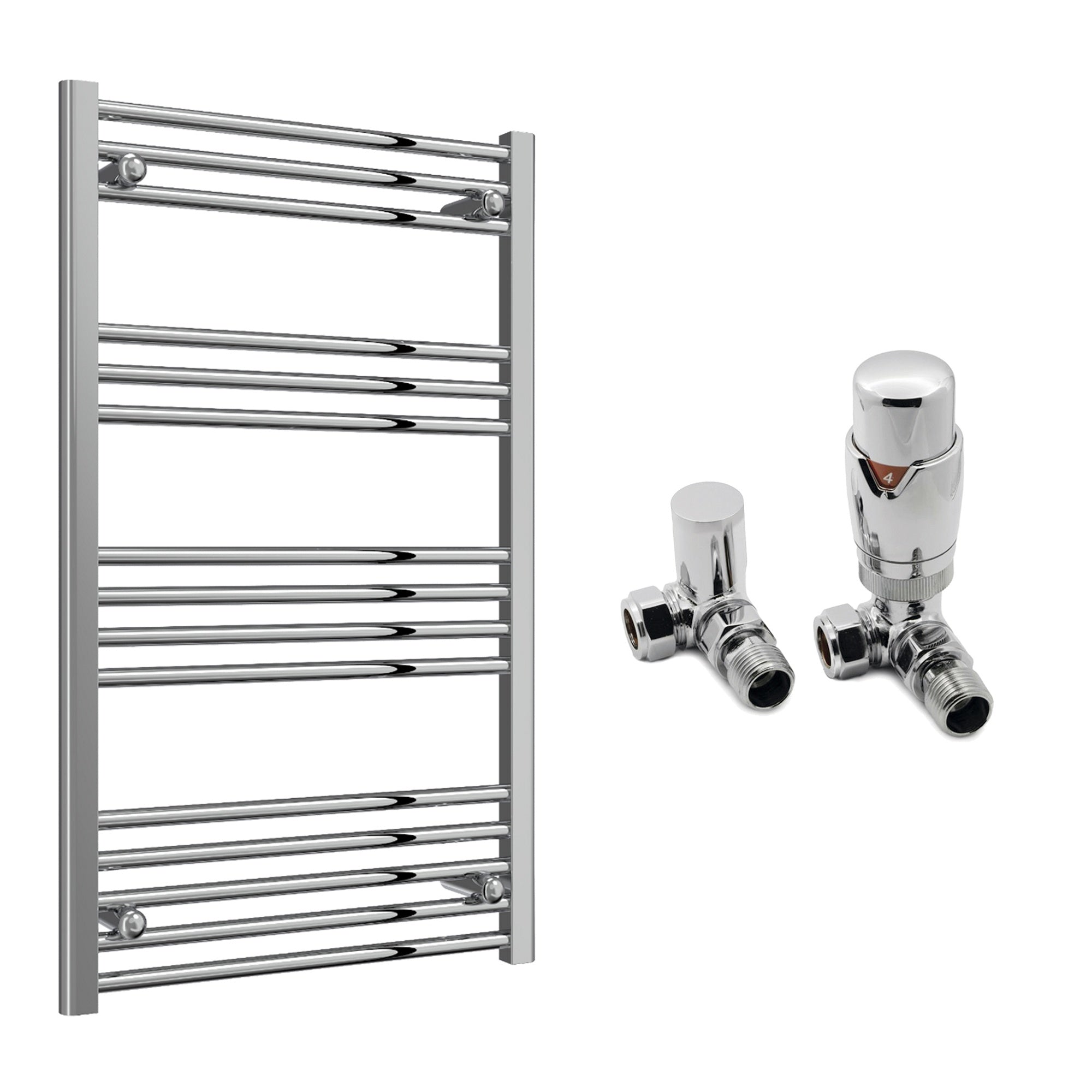 Reina Capo Flat Chrome Bathroom Heated Towel Rail 1000 x 600mm with TRV Corner Valves - Stylish Mild Steel Ladder Radiator
