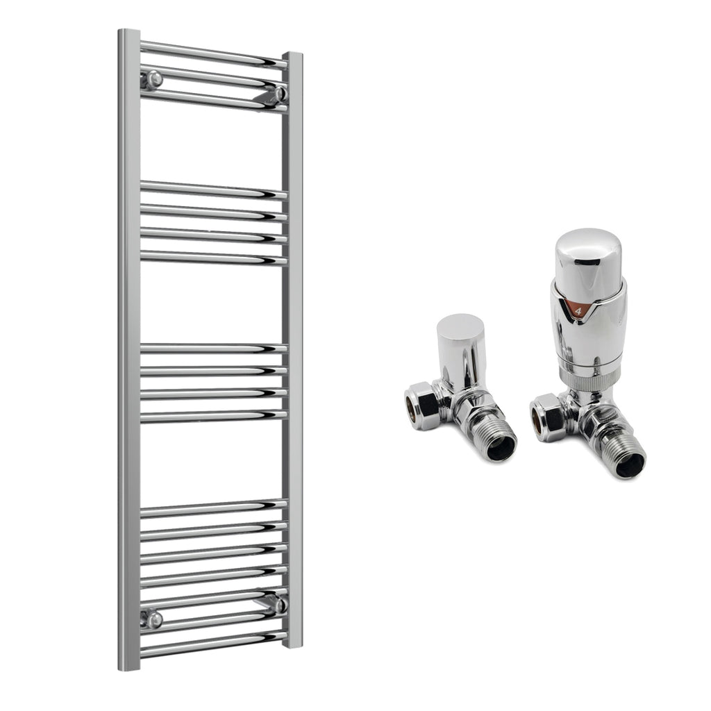 Reina Capo Flat Chrome Bathroom Heated Towel Rail 1200 x 400mm with TRV Corner Valves - Stylish Mild Steel Ladder Radiator