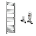 Reina Capo Flat Chrome Bathroom Heated Towel Rail 1200 x 400mm with TRV Corner Valves - Stylish Mild Steel Ladder Radiator