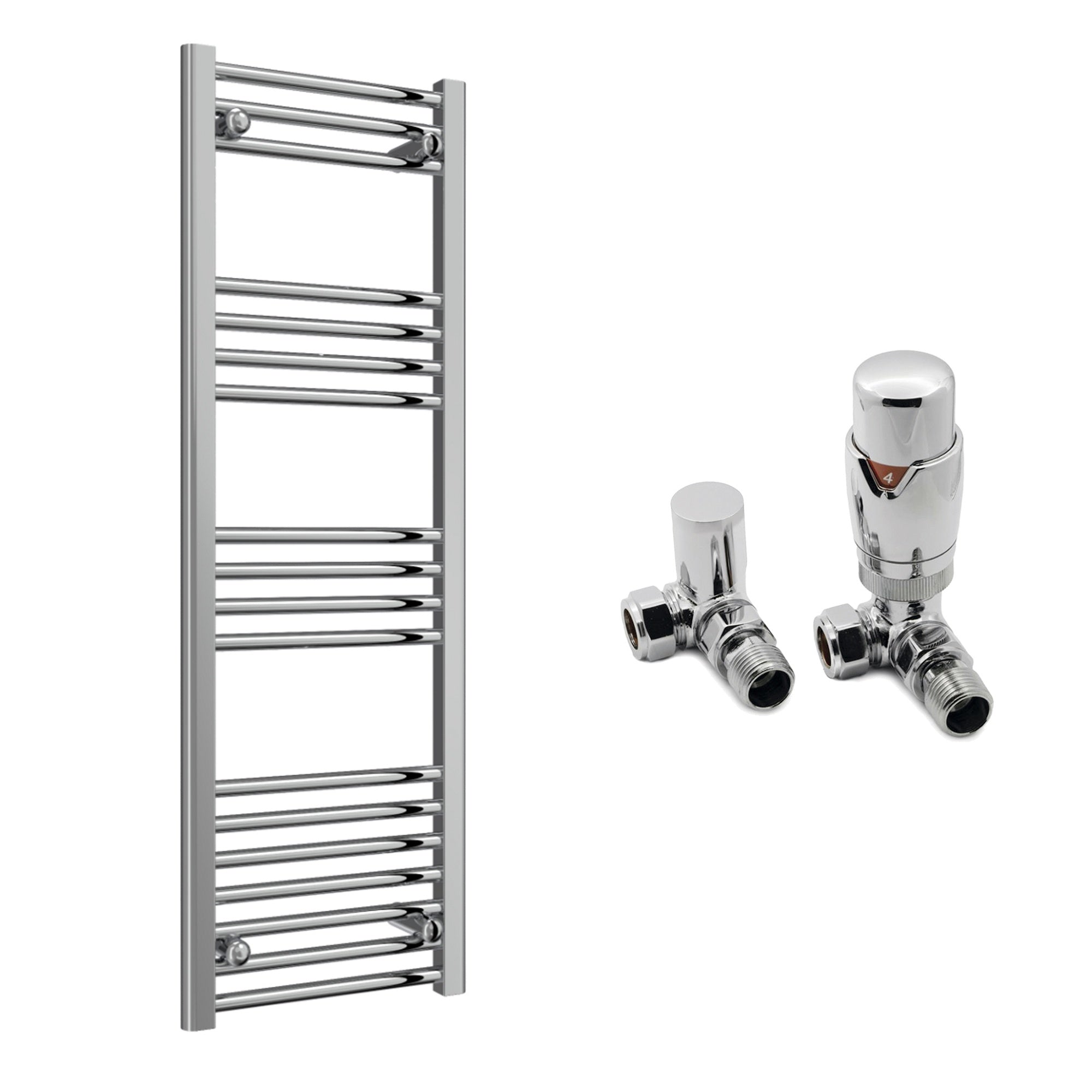 Reina Capo Flat Chrome Bathroom Heated Towel Rail 1200 x 400mm with TRV Corner Valves - Stylish Mild Steel Ladder Radiator