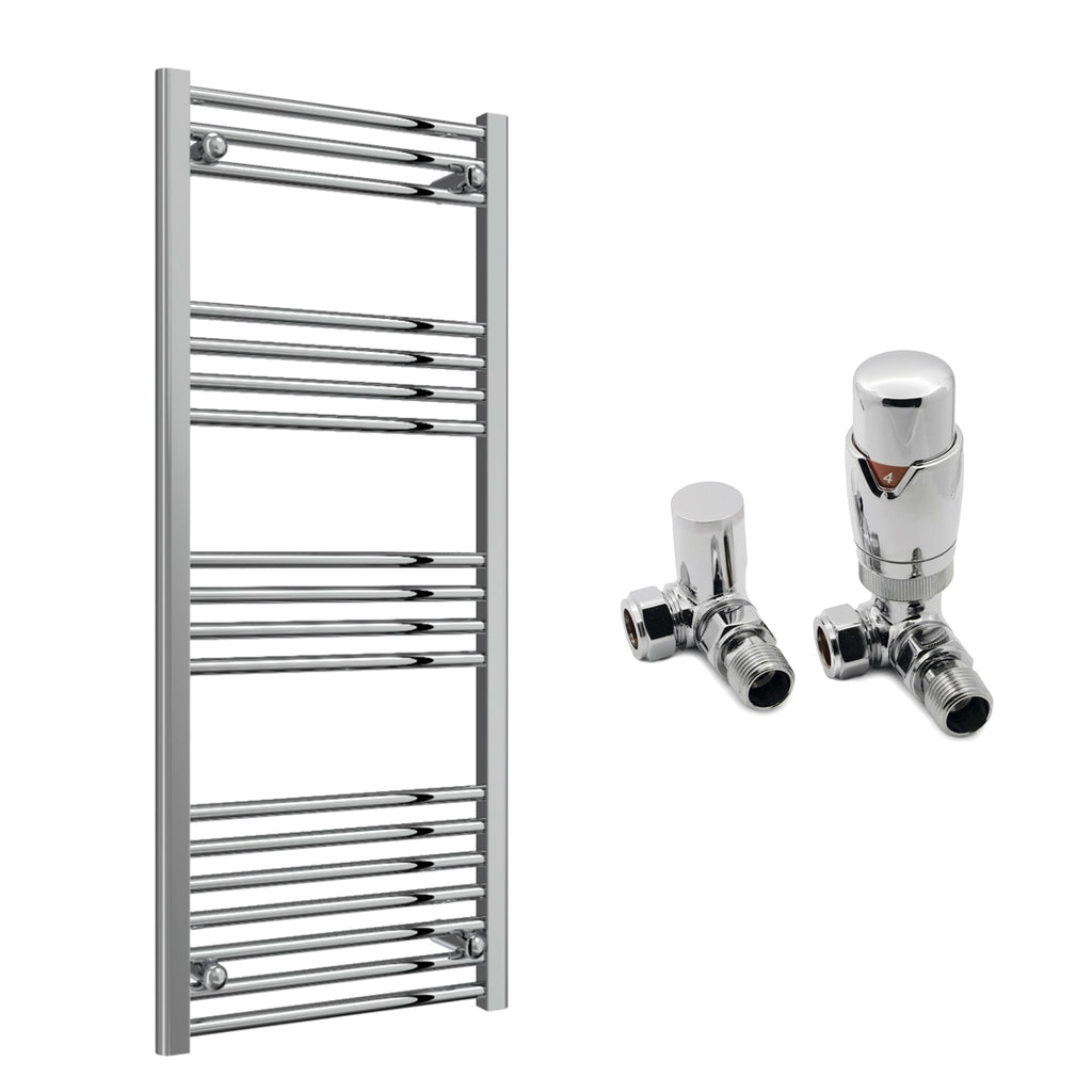 Reina Capo Flat Chrome Bathroom Heated Towel Rail 1200 x 500mm with TRV Corner Valves - Stylish Mild Steel Ladder Radiator