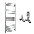 Reina Capo Flat Chrome Bathroom Heated Towel Rail 1200 x 500mm with TRV Corner Valves - Stylish Mild Steel Ladder Radiator
