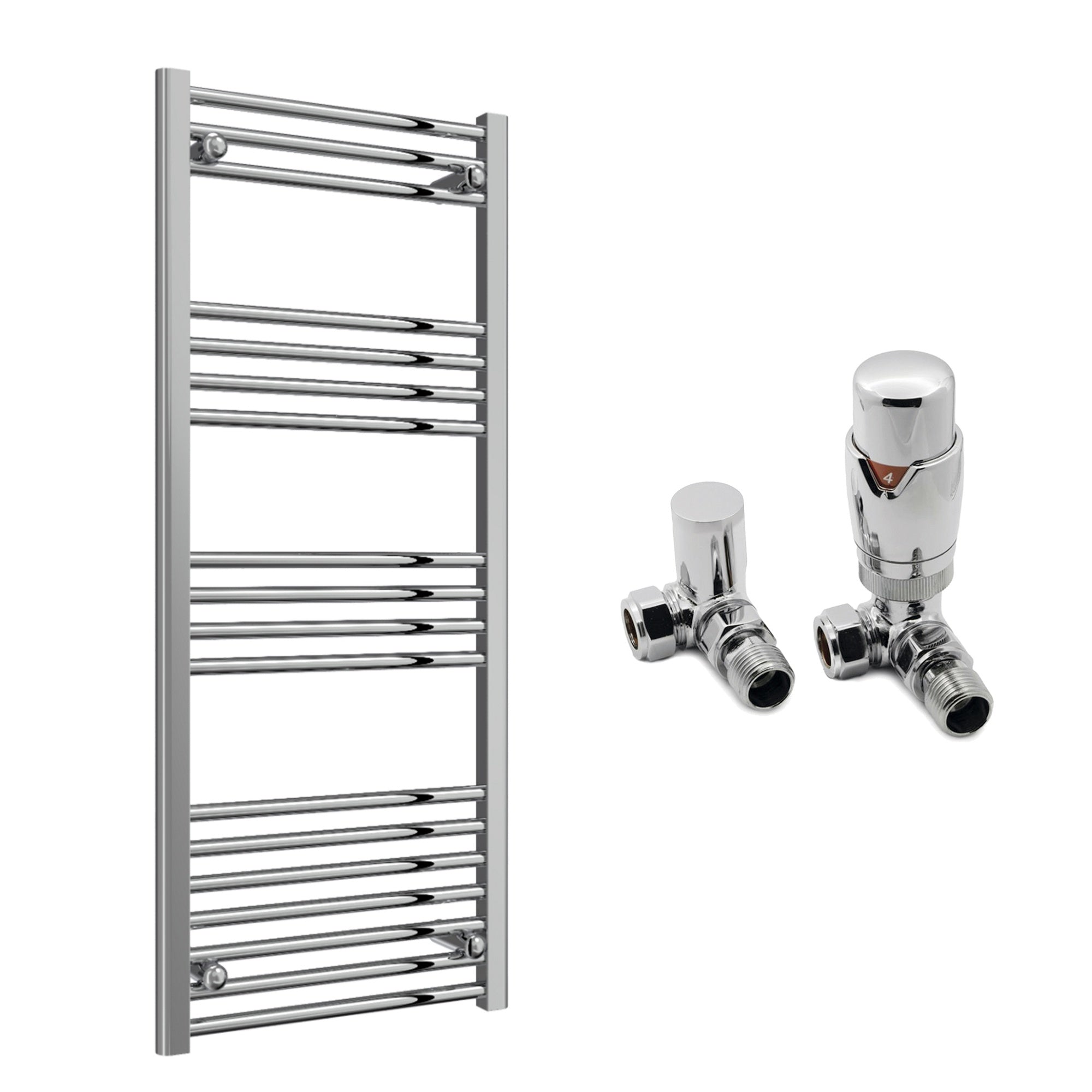 Reina Capo Flat Chrome Bathroom Heated Towel Rail 1200 x 500mm with TRV Corner Valves - Stylish Mild Steel Ladder Radiator