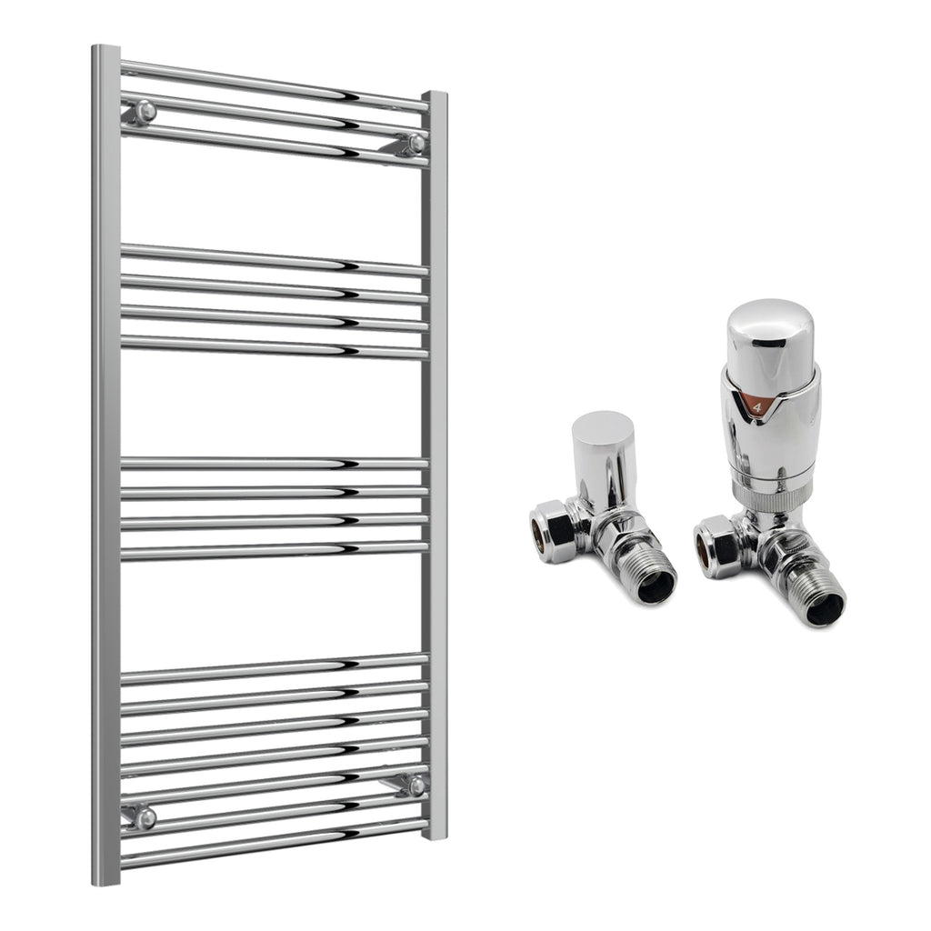 Reina Capo Flat Chrome Bathroom Heated Towel Rail 1200 x 600mm with TRV Corner Valves - Stylish Mild Steel Ladder Radiator