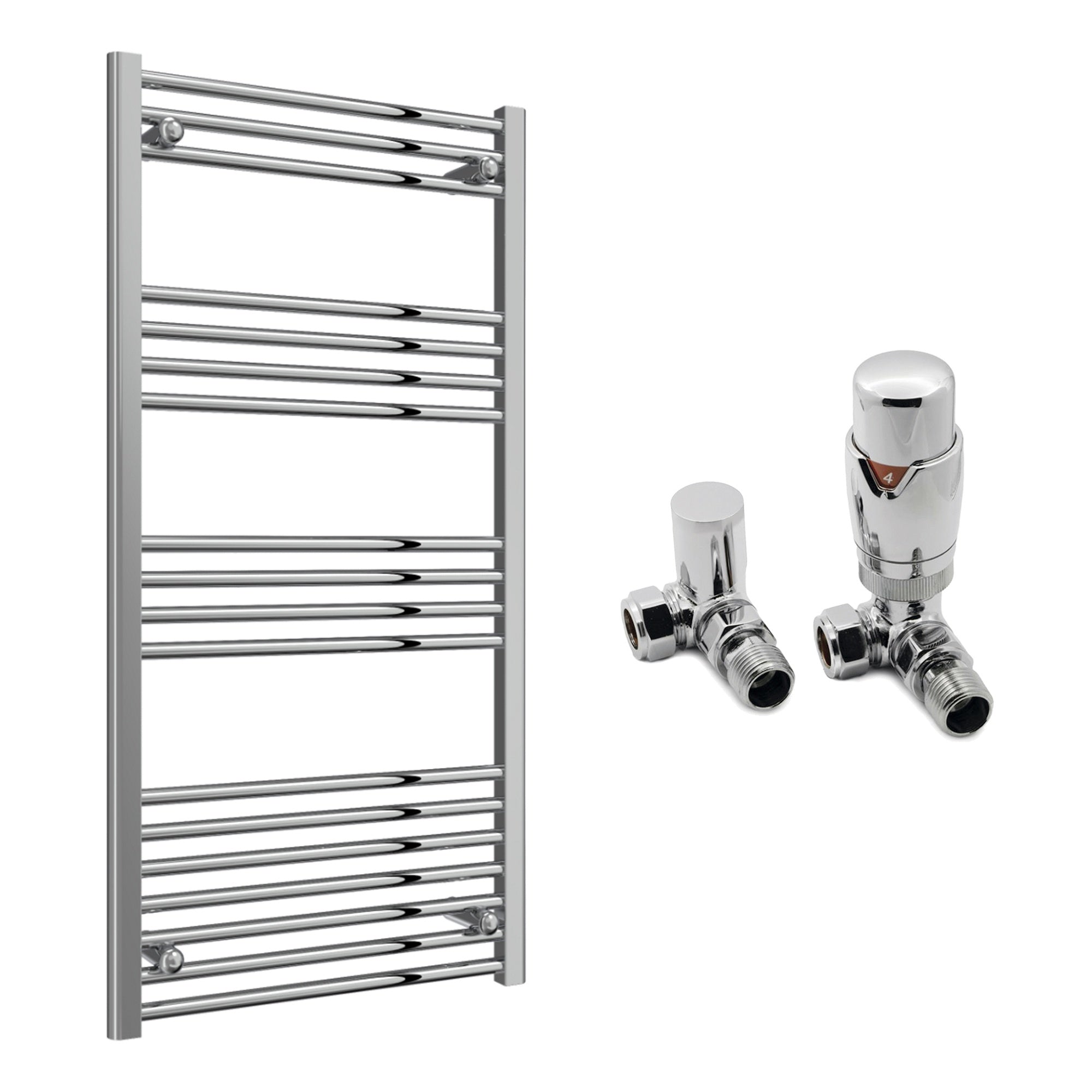 Reina Capo Flat Chrome Bathroom Heated Towel Rail 1200 x 600mm with TRV Corner Valves - Stylish Mild Steel Ladder Radiator