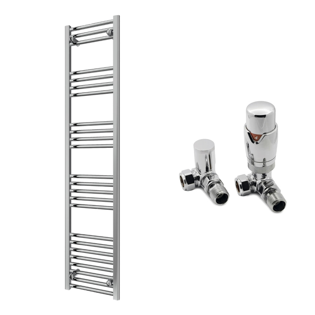 Reina Capo Flat Chrome Bathroom Heated Towel Rail 1600 x 400mm with TRV Corner Valves - Stylish Mild Steel Ladder Radiator