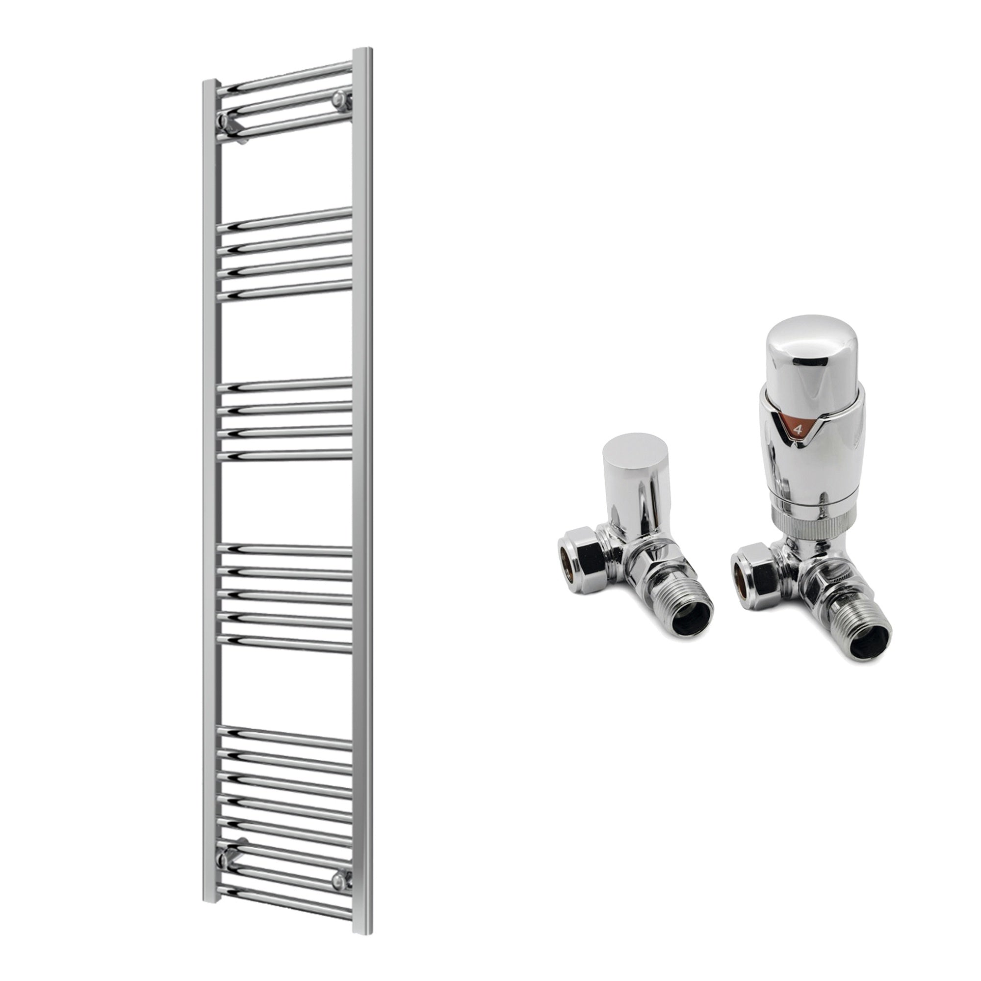 Reina Capo Flat Chrome Bathroom Heated Towel Rail 1600 x 400mm with TRV Corner Valves - Stylish Mild Steel Ladder Radiator